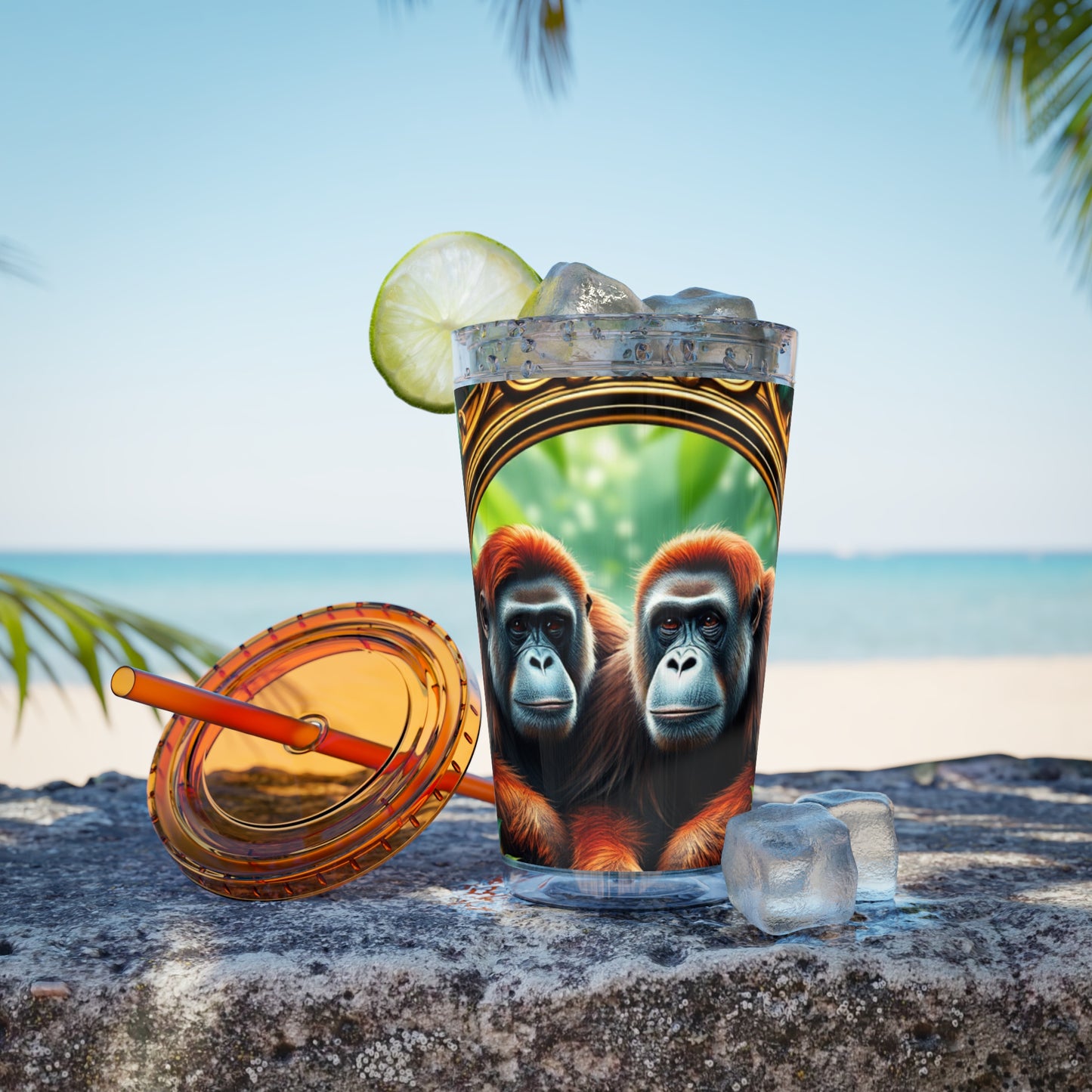 Tropical Tumbler with Straw | 16oz Colorful Travel Cup / Framed Orangutan Apes
