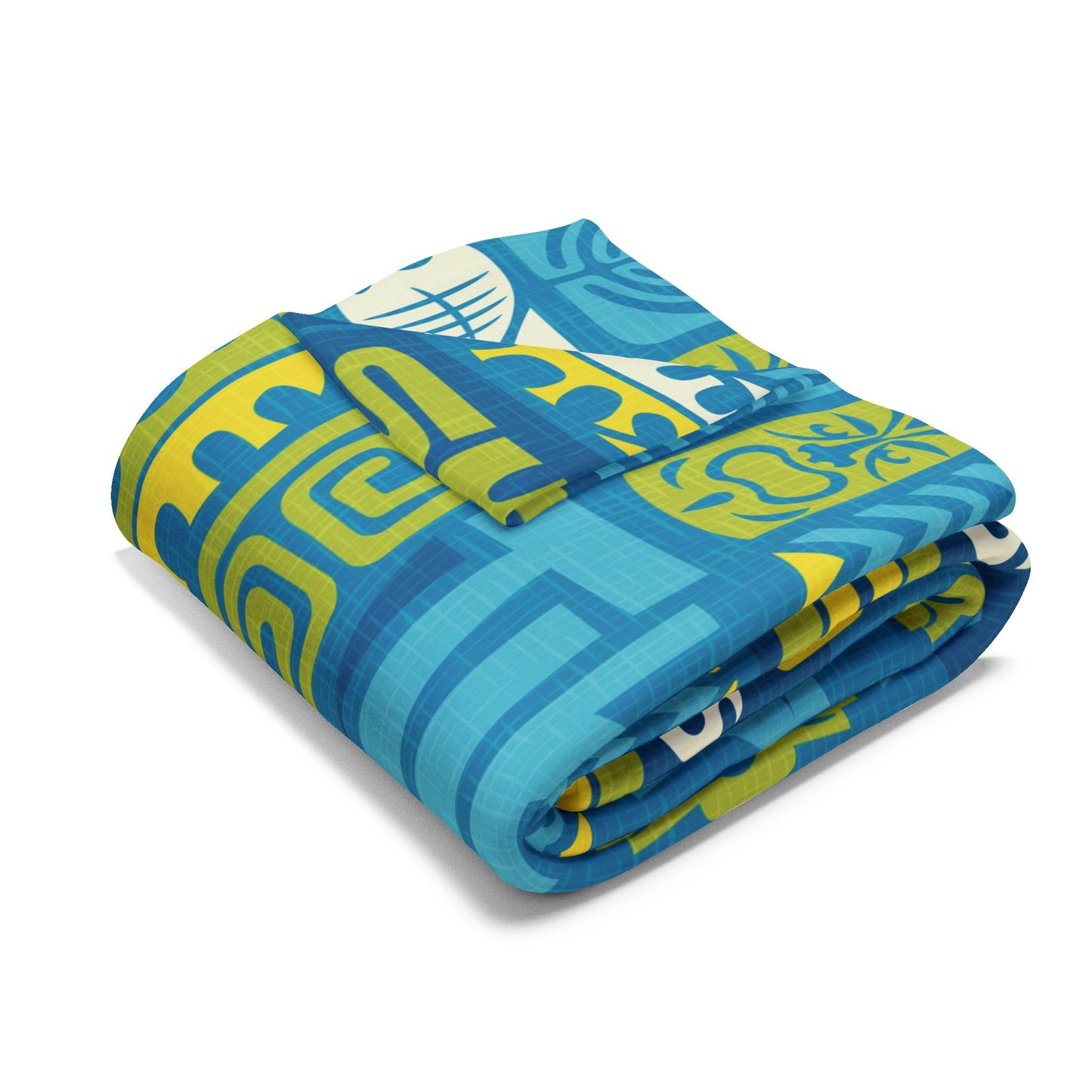 Tiki Poster Blue Fleece Blanket - Colorful Tropical Botanical Design