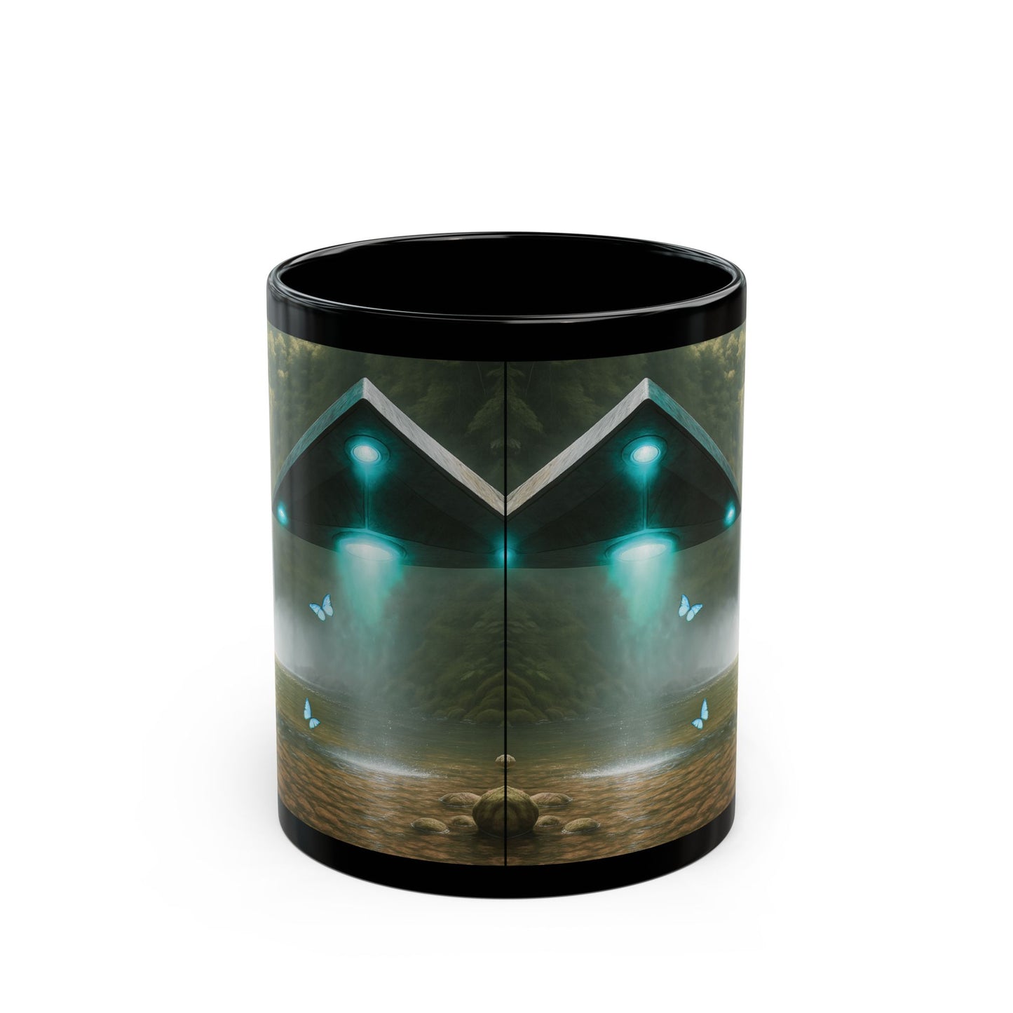 Black Coffee Mug - UFO and Waterfall