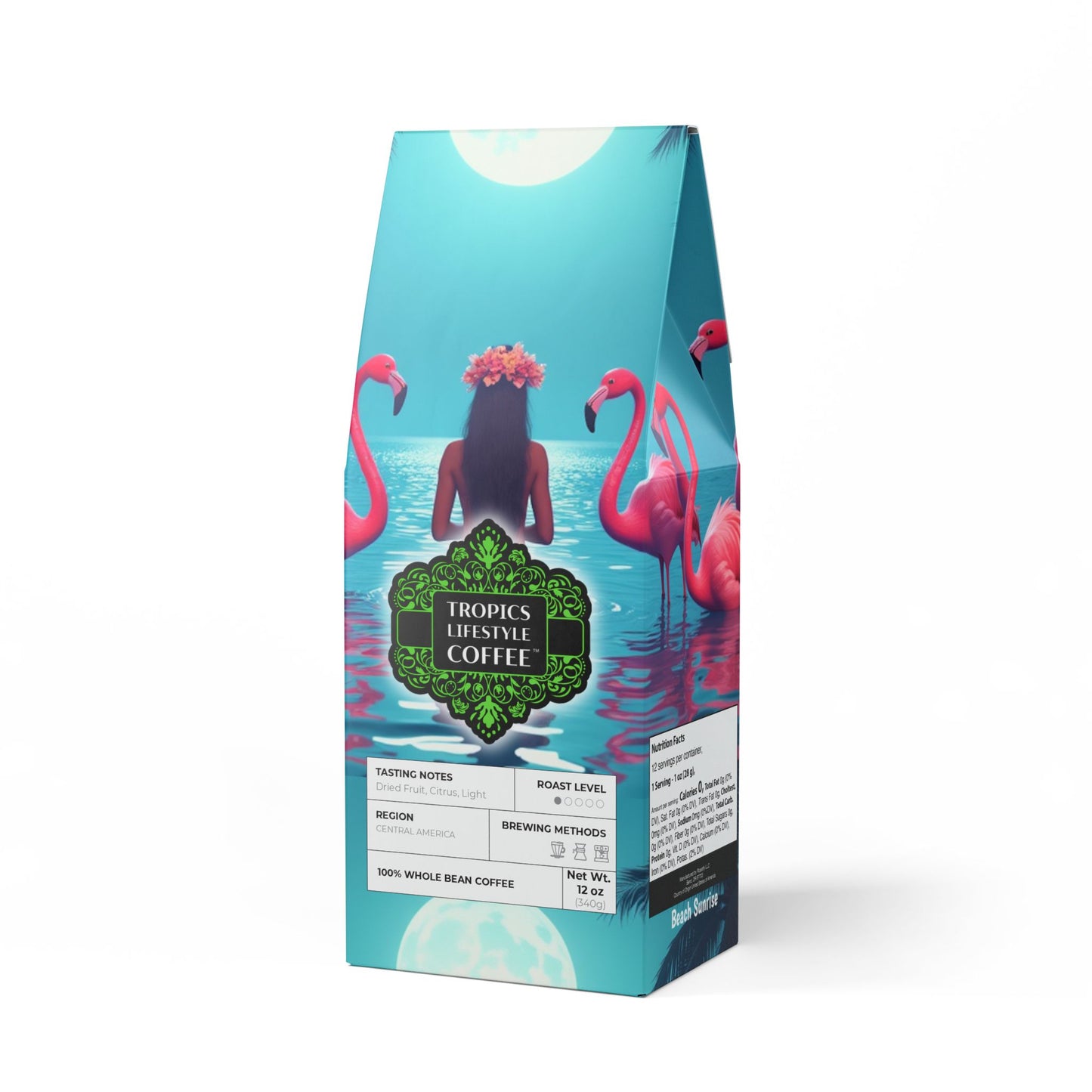 Beach Sunrise Blend™ (Light Roast) Specialty Grade Craft Coffee / Moonlit Mermaid and Flamingos
