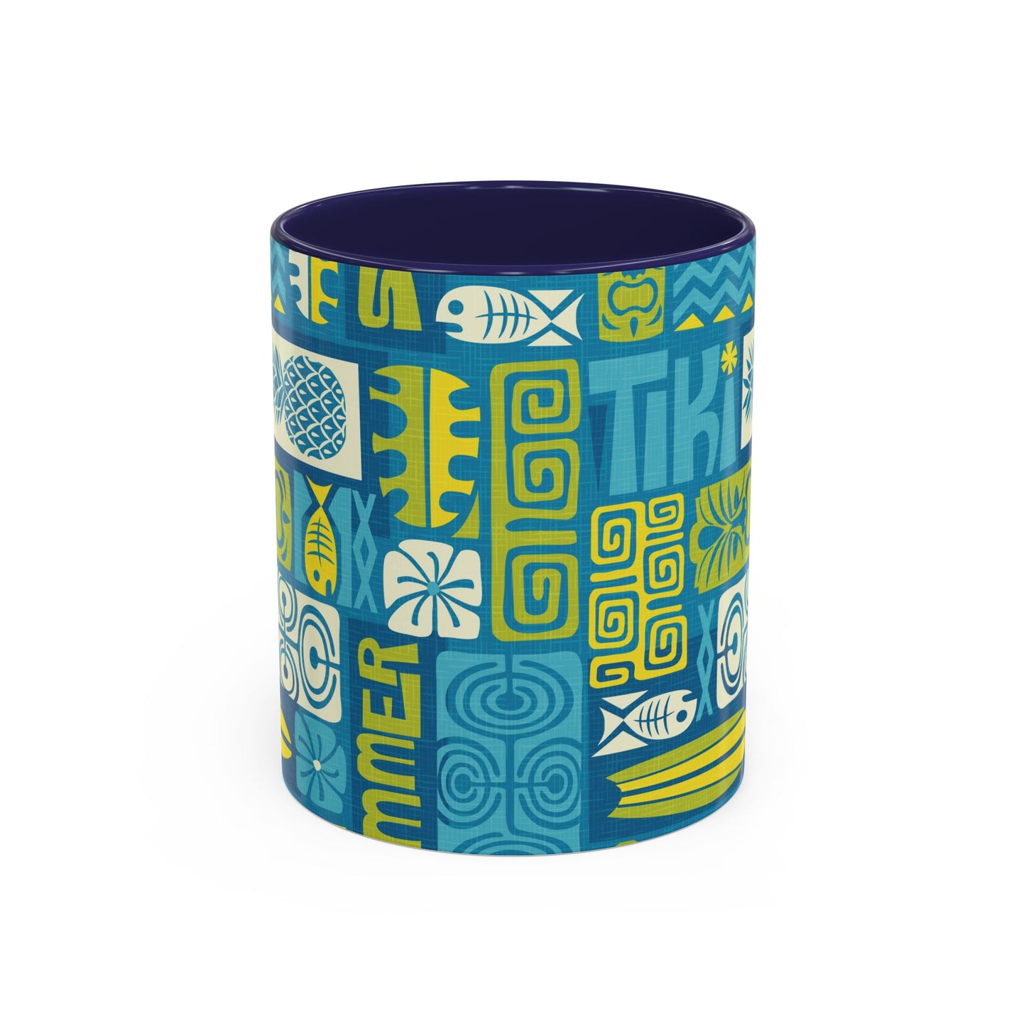 Accent Coffee Mug (11, 15oz), 8 Colors - Tiki Poster Blue