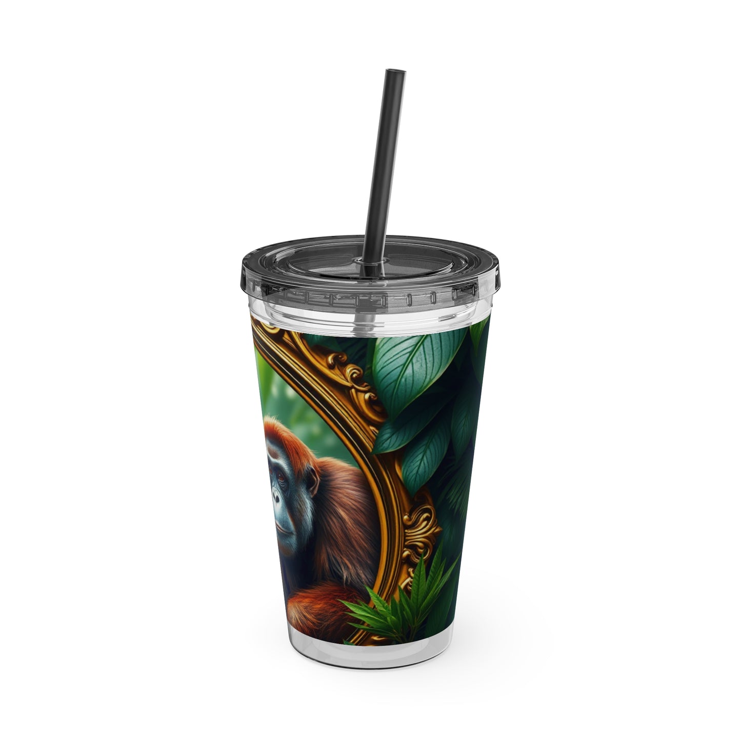 Tropical Tumbler with Straw | 16oz Colorful Travel Cup / Framed Orangutan Apes