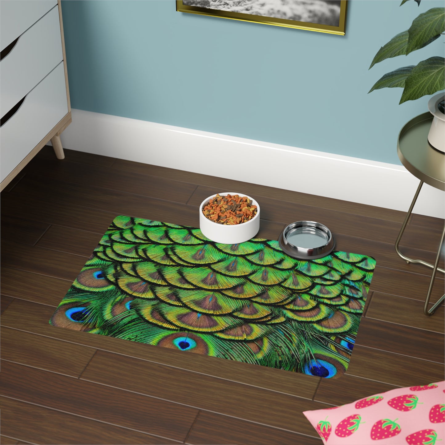 Pet Food Mat (12x18) - Brilliant Green Peacock Feathers