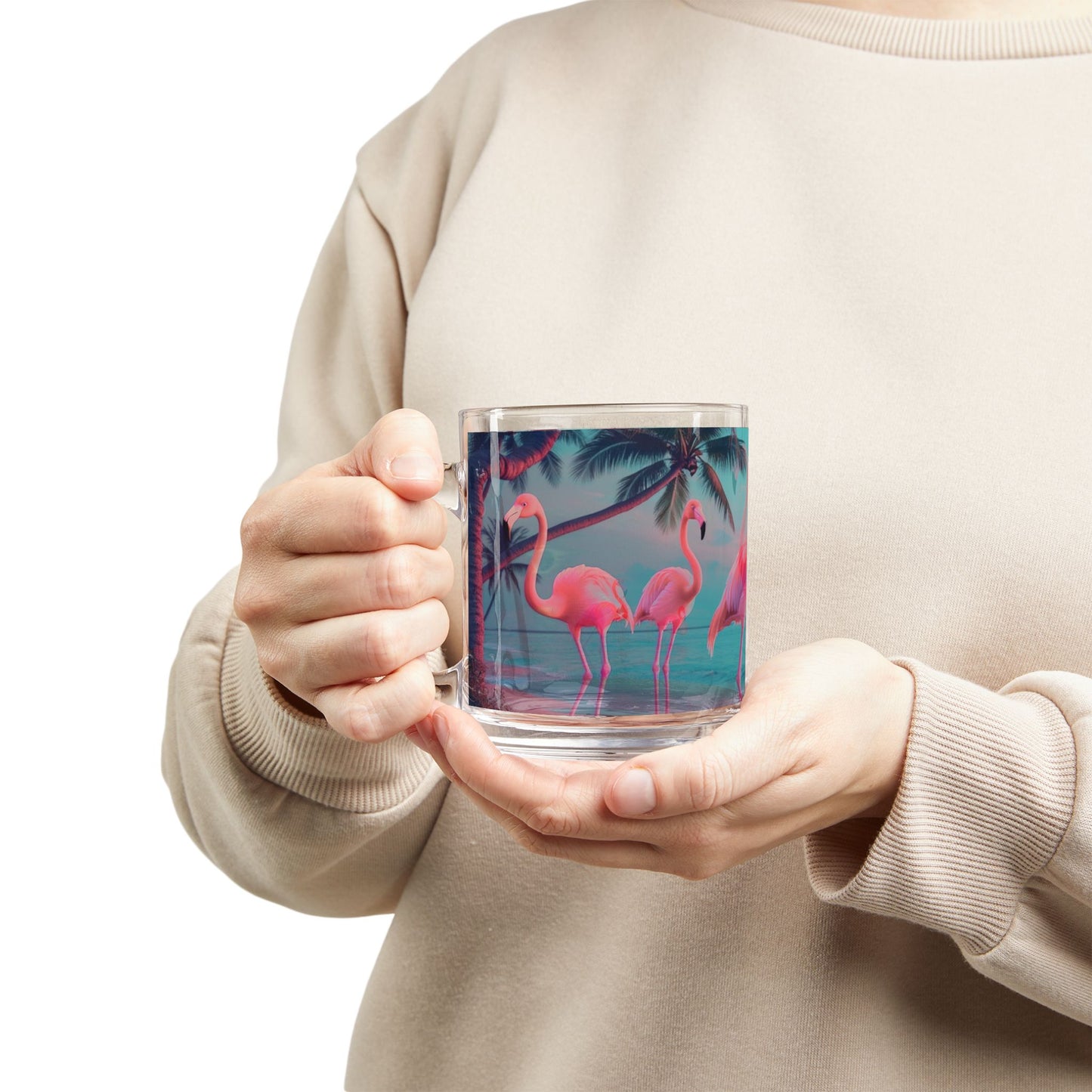 Tropical Glass Mug - 10oz Coffee Cup / Neon Flamingos at Night