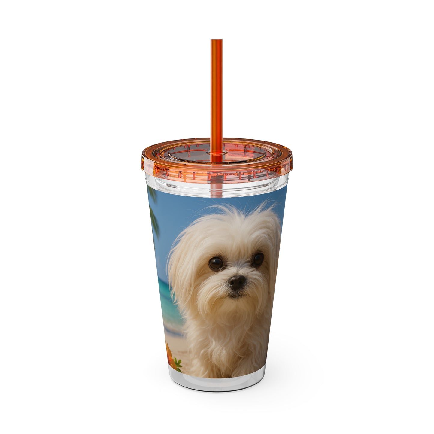 Tropical Tumbler with Straw | 16oz Colorful Travel Cup / Puppy Ariel at the Beach