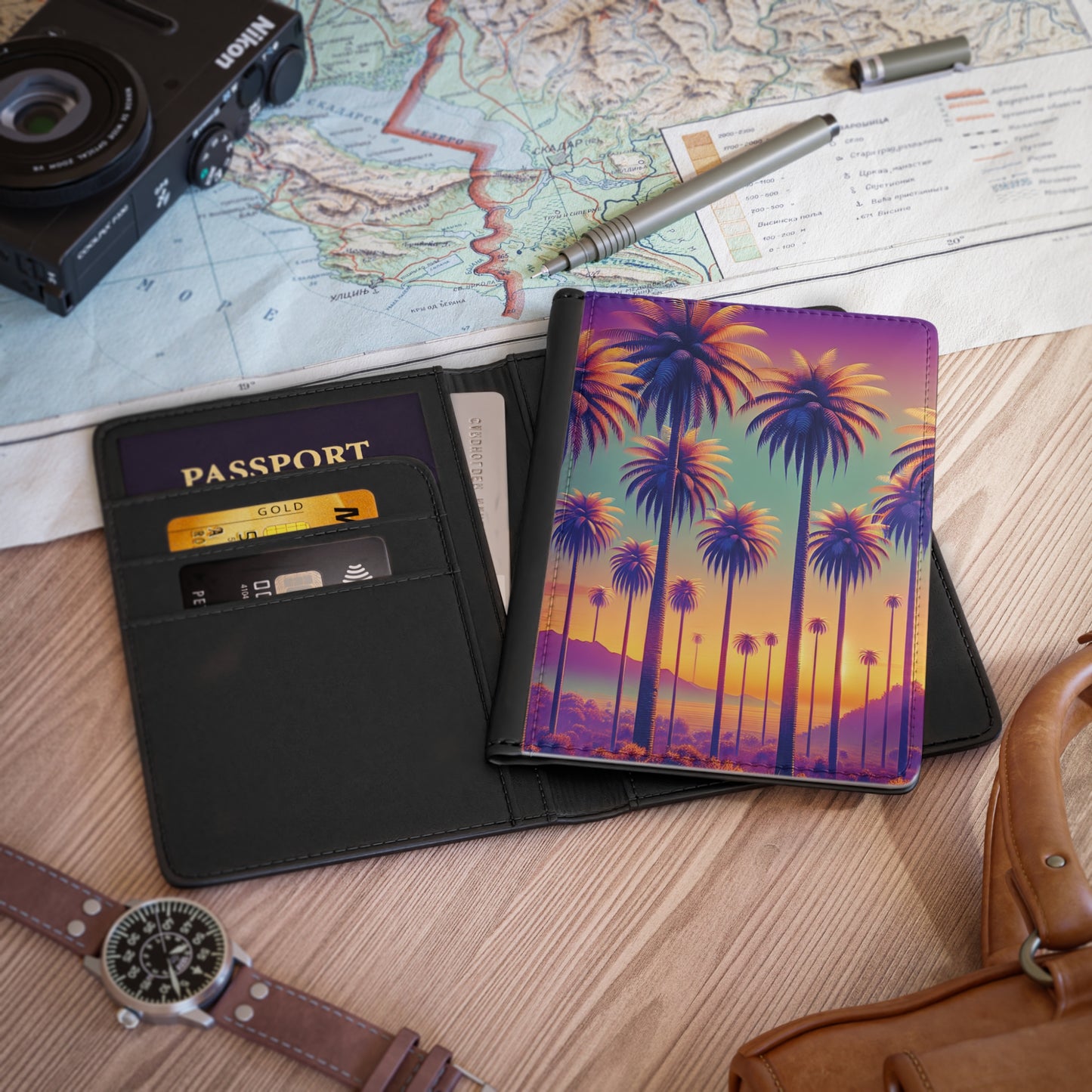 Tropical Passport Cover, Faux Leather - RFID blocking for travel security / Sunset Palms