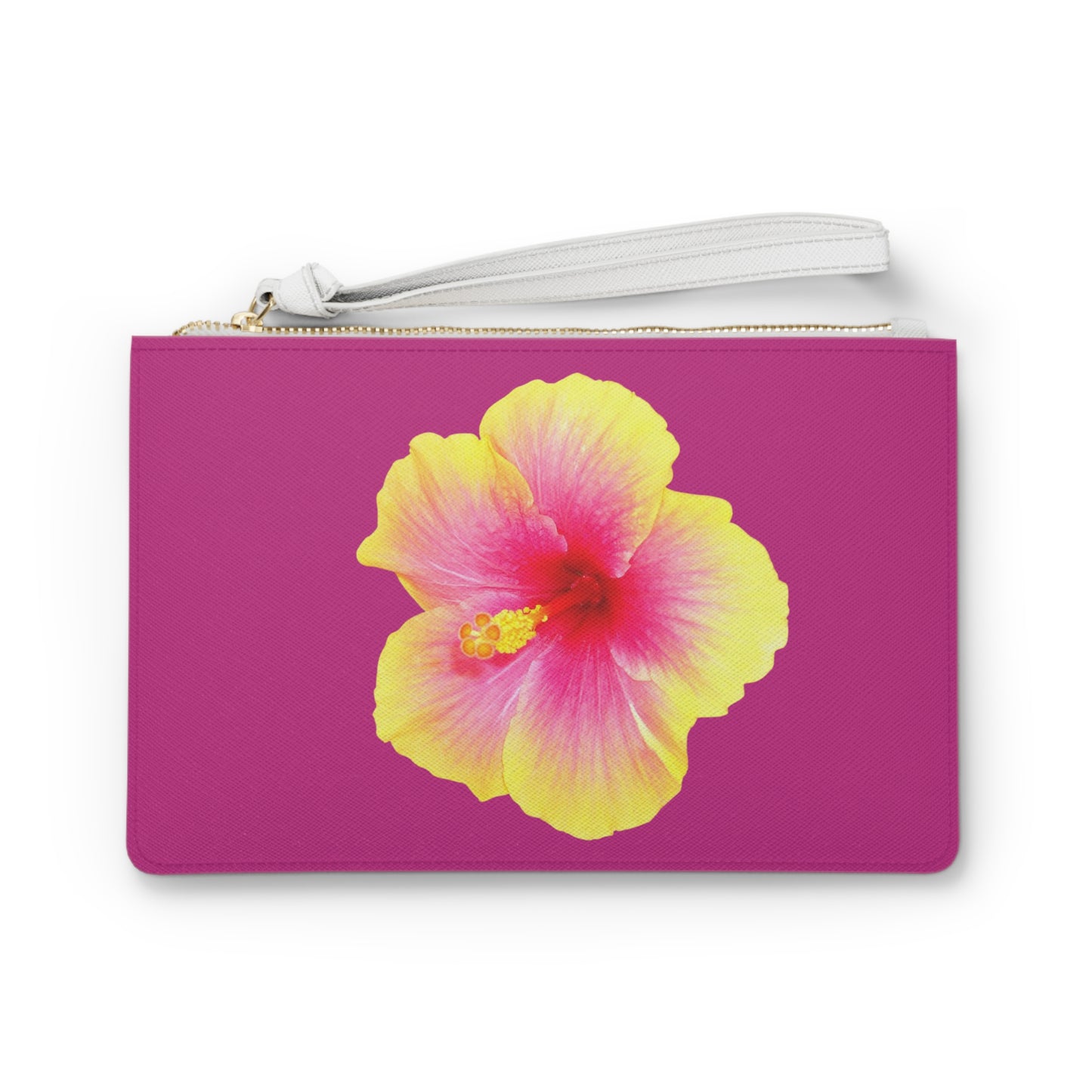 Tropical Faux Leather Clutch Bag - Perfect for Beach Adventures & Summer Vacations / Photo Yellow Hibiscus, Pink