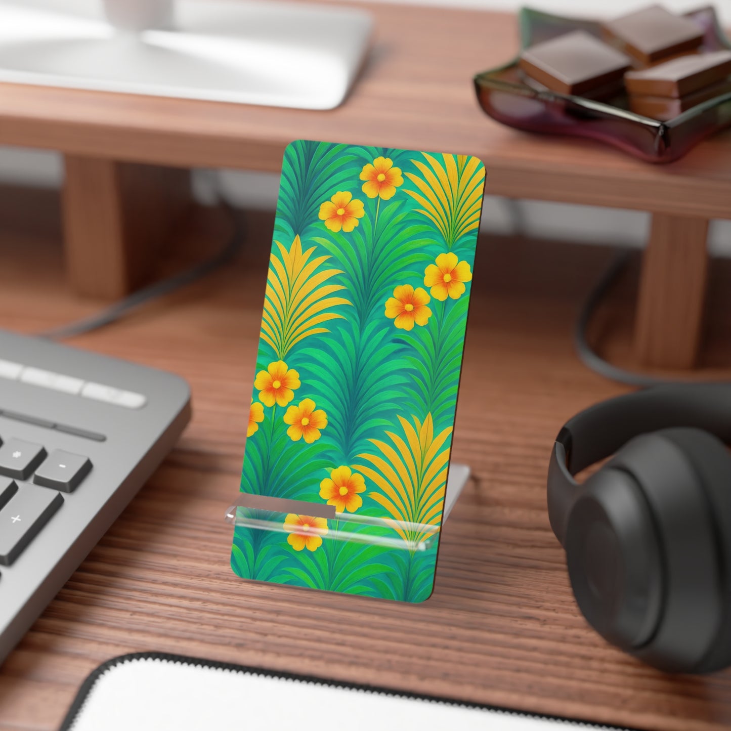 Stylish Smartphone Display Stand with Iconic Artwork - Sunrise Palms/Green