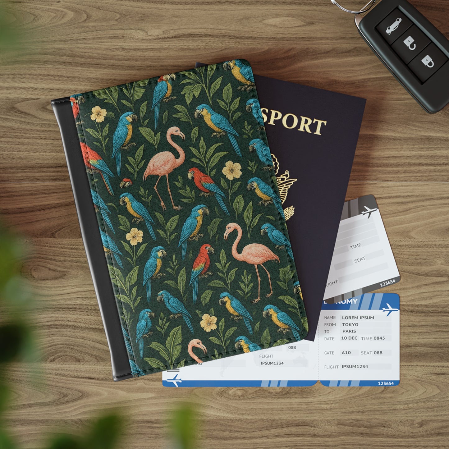 Tropical Passport Cover, Faux Leather - RFID blocking for travel security / Flamingo and Parrots