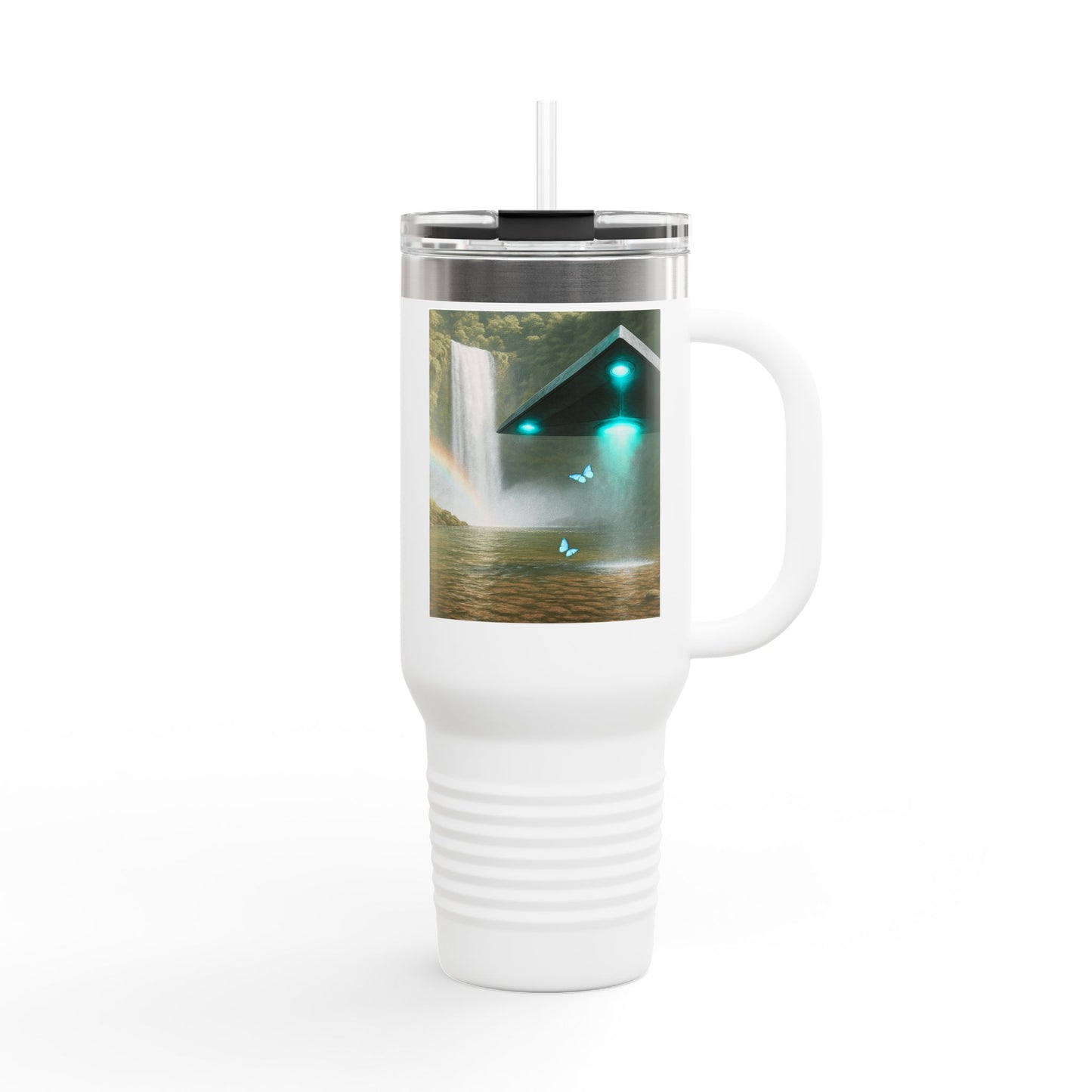 Insulated Travel Mug, 40oz / UFO and Waterfall in Rainforest