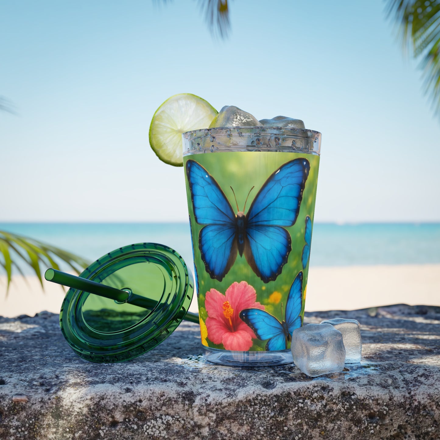 Tropical Tumbler with Straw | 16oz Colorful Travel Cup / Morpho Butterflies Flight