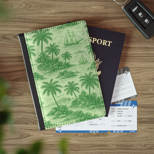 Tropical Passport Cover, Faux Leather - RFID blocking for travel security / Faraway Toile, Green