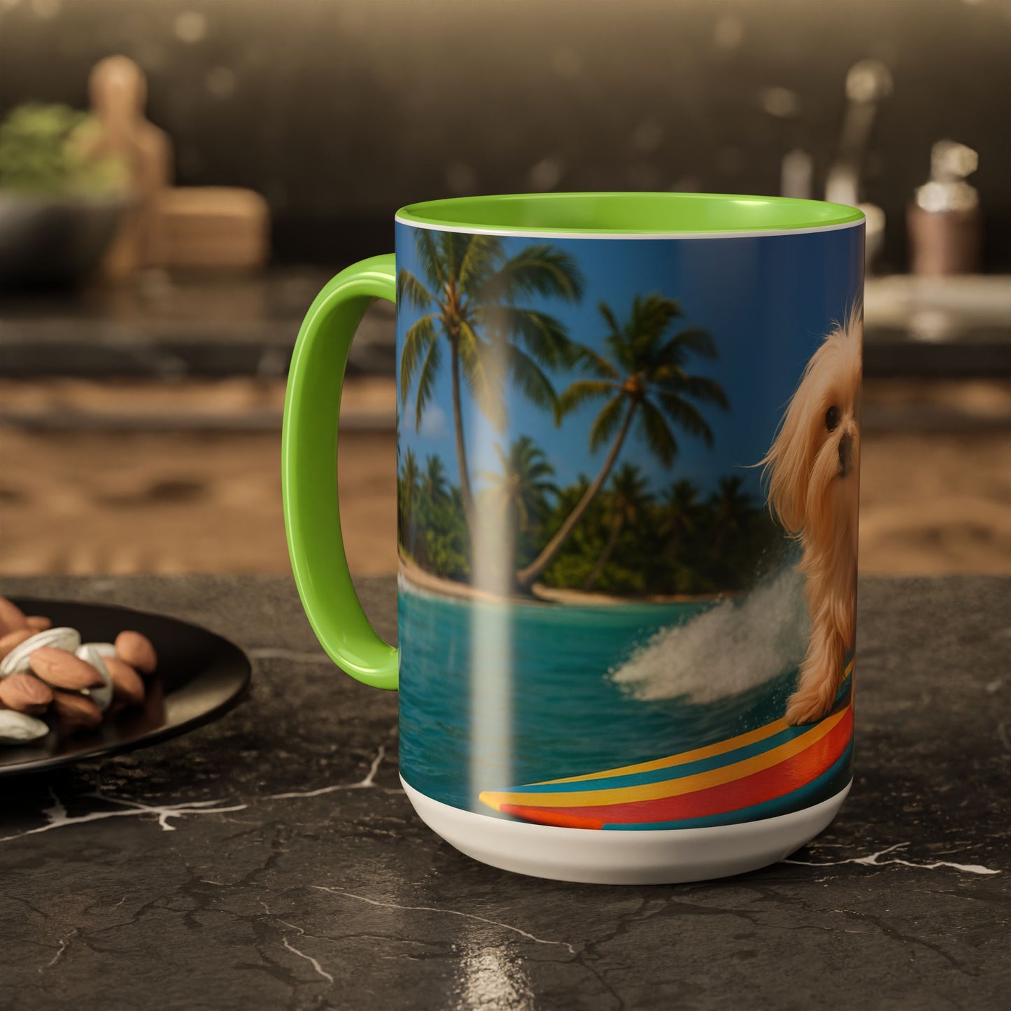 Vibrant Beach Coffee Mug - 11oz & 15oz / Puppy Ariel the Dog Surfer