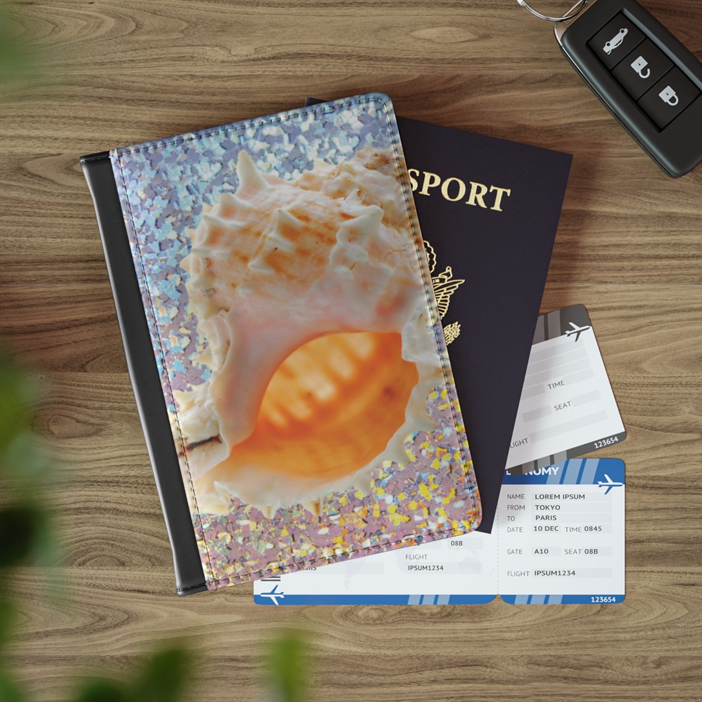 Tropical Passport Cover, Faux Leather - RFID blocking for travel security / Disco Conch Shell