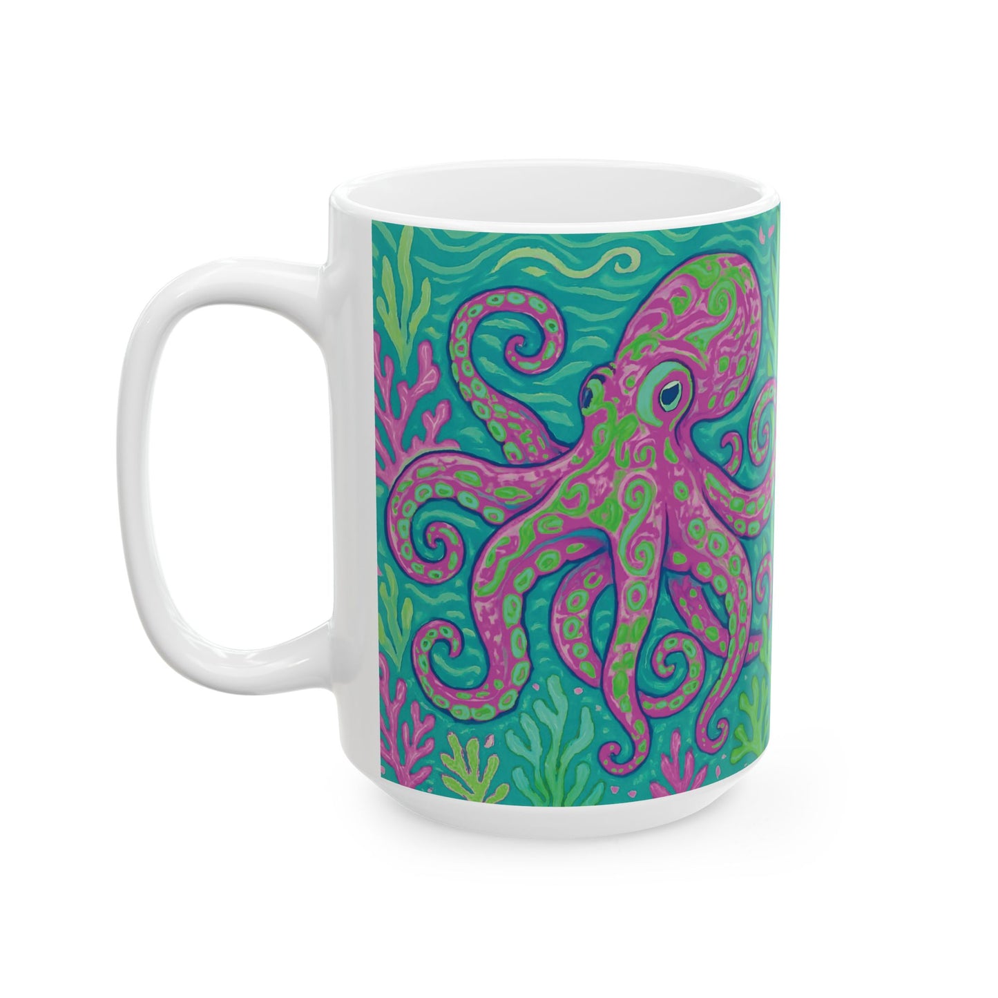 Ceramic White Mug - 11oz & 15oz, Purple Octopus Kraken Joe