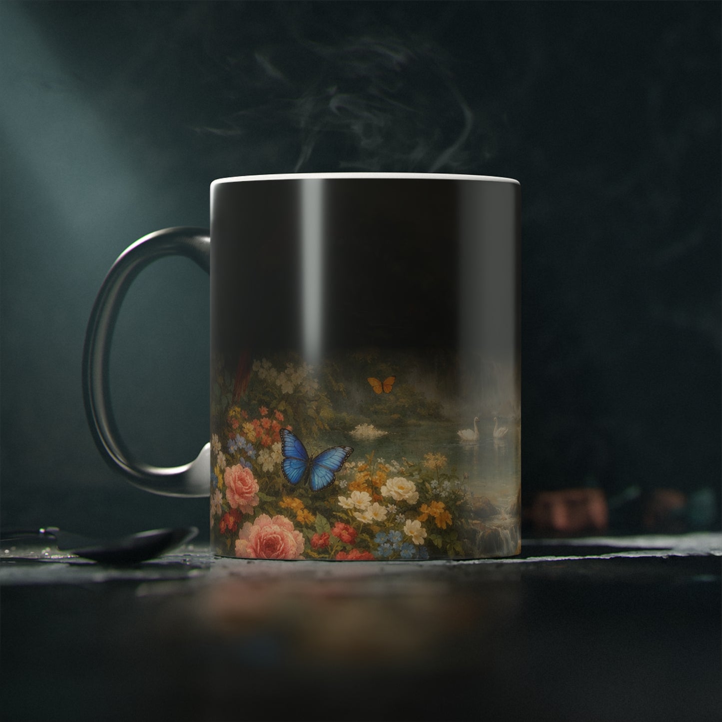 Heat-Activated Coffee Mug — Vintage Rainforest Waterfall Scene