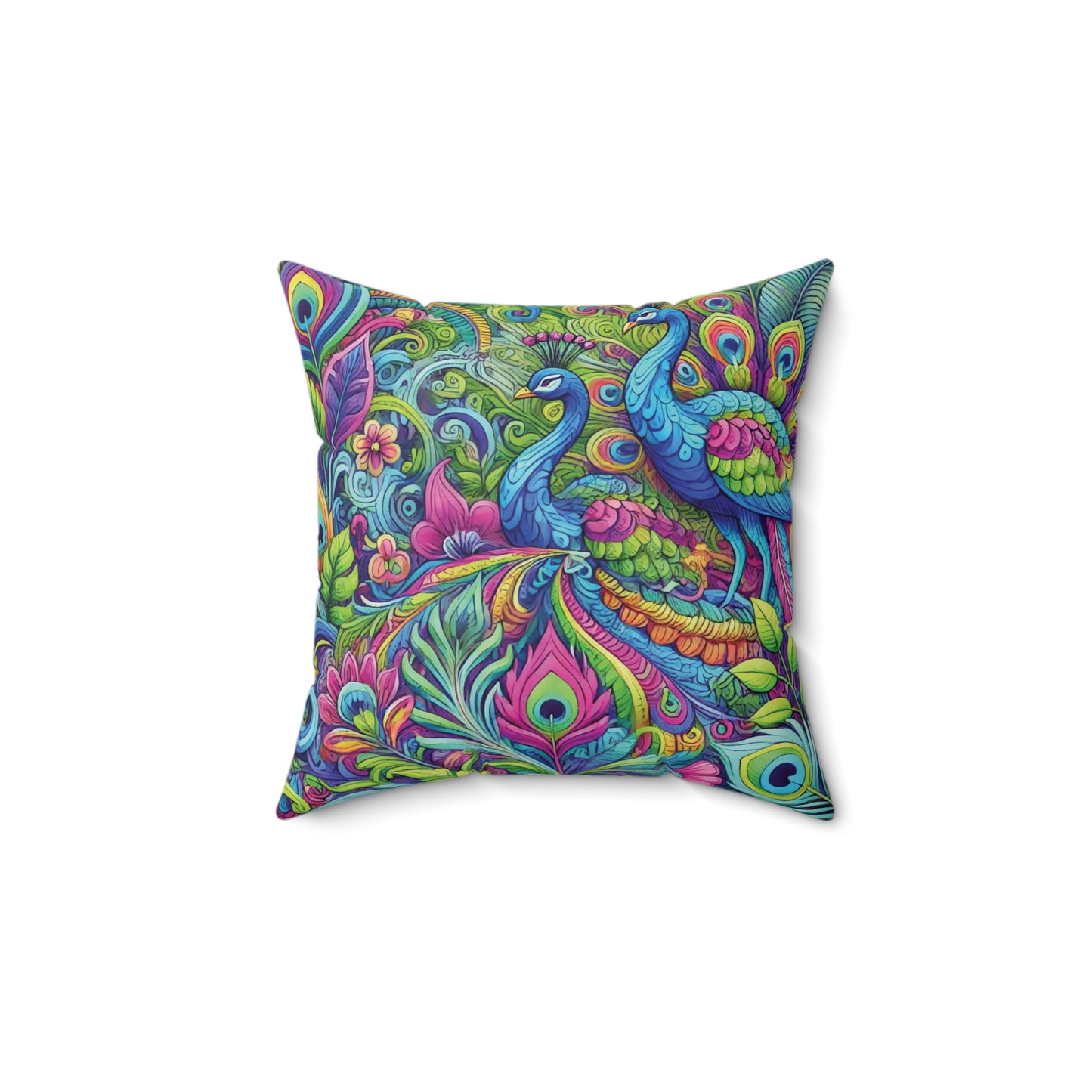 Spun Polyester Square Pillow - Rainforest Peacocks Pop