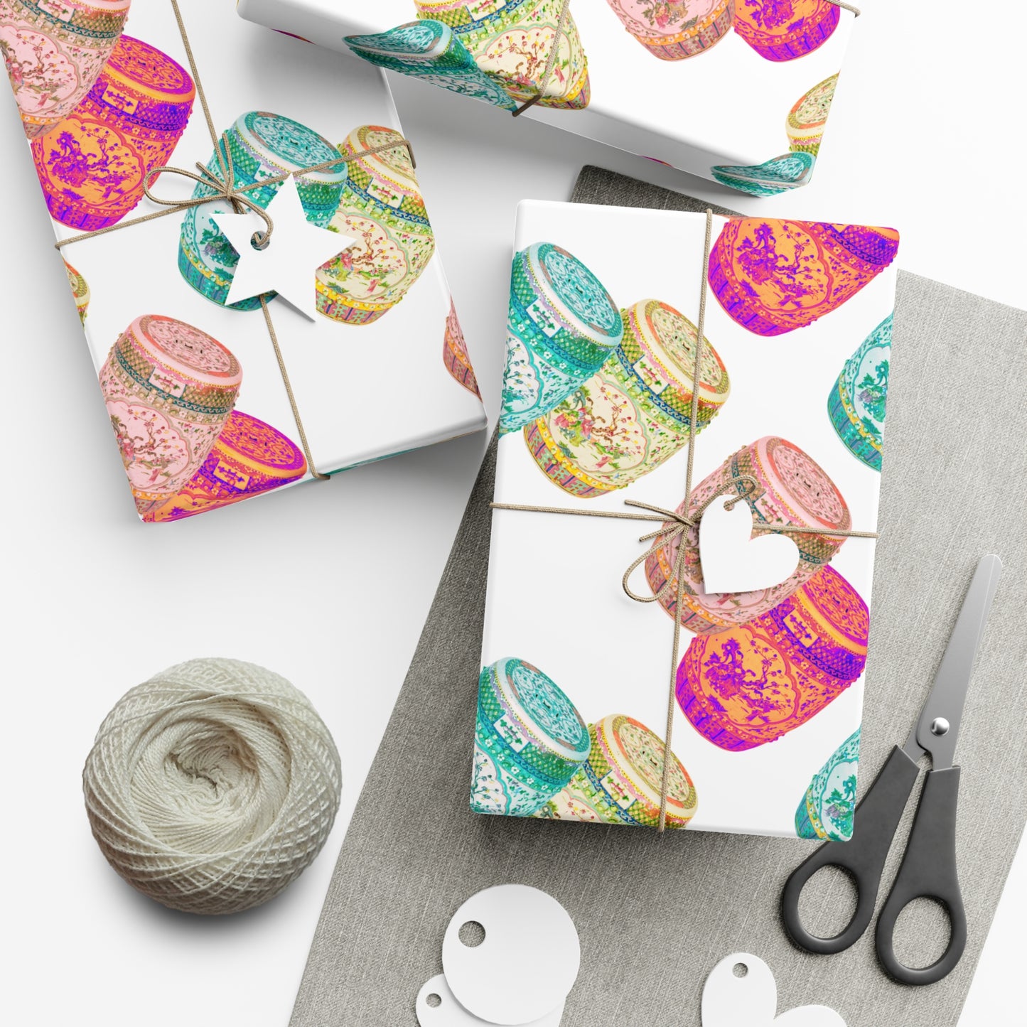 Wrapping Paper - Tropical Gift Wrap for All Occasions / 3 Sizes, 2 Finishes /Pop Art Porcelain Stools, White