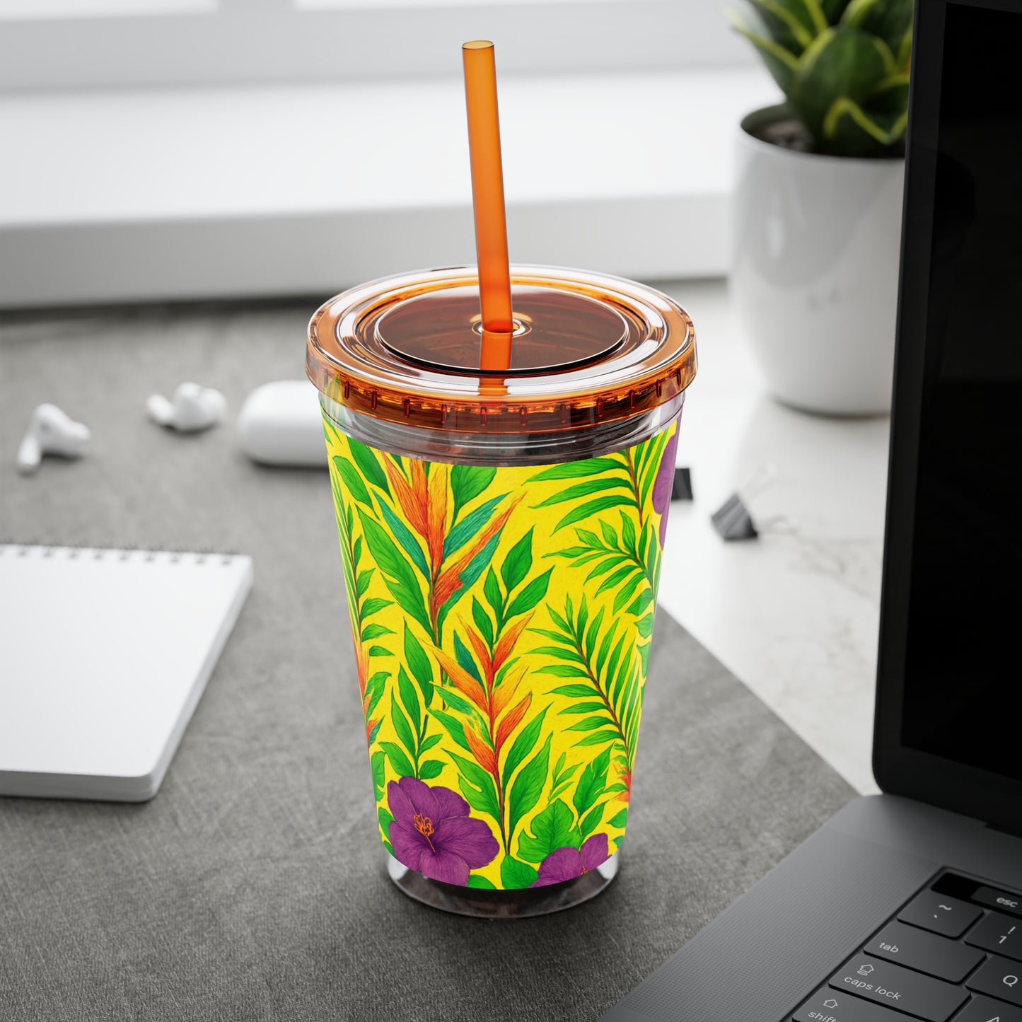 Tropical Tumbler with Straw | 16oz Colorful Travel Cup / Midnight Flower Yellow