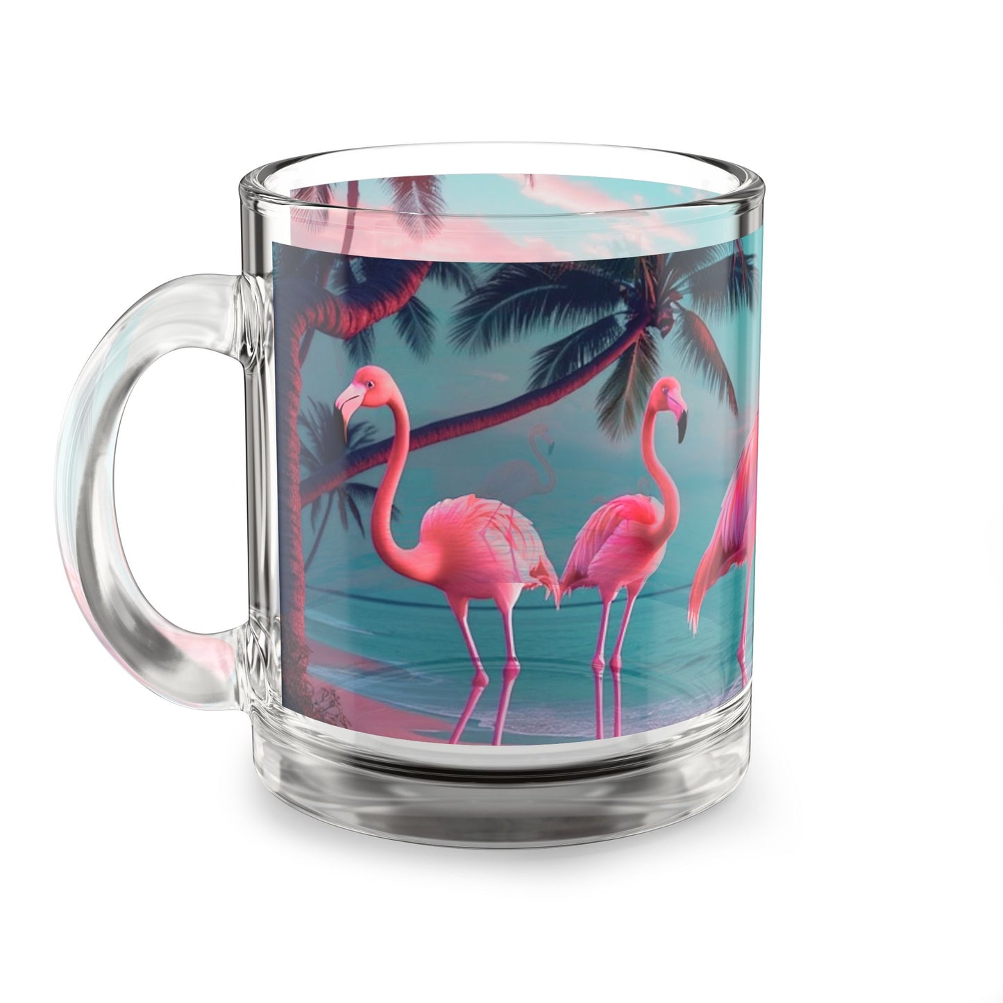 Tropical Glass Mug - 10oz Coffee Cup / Neon Flamingos at Night