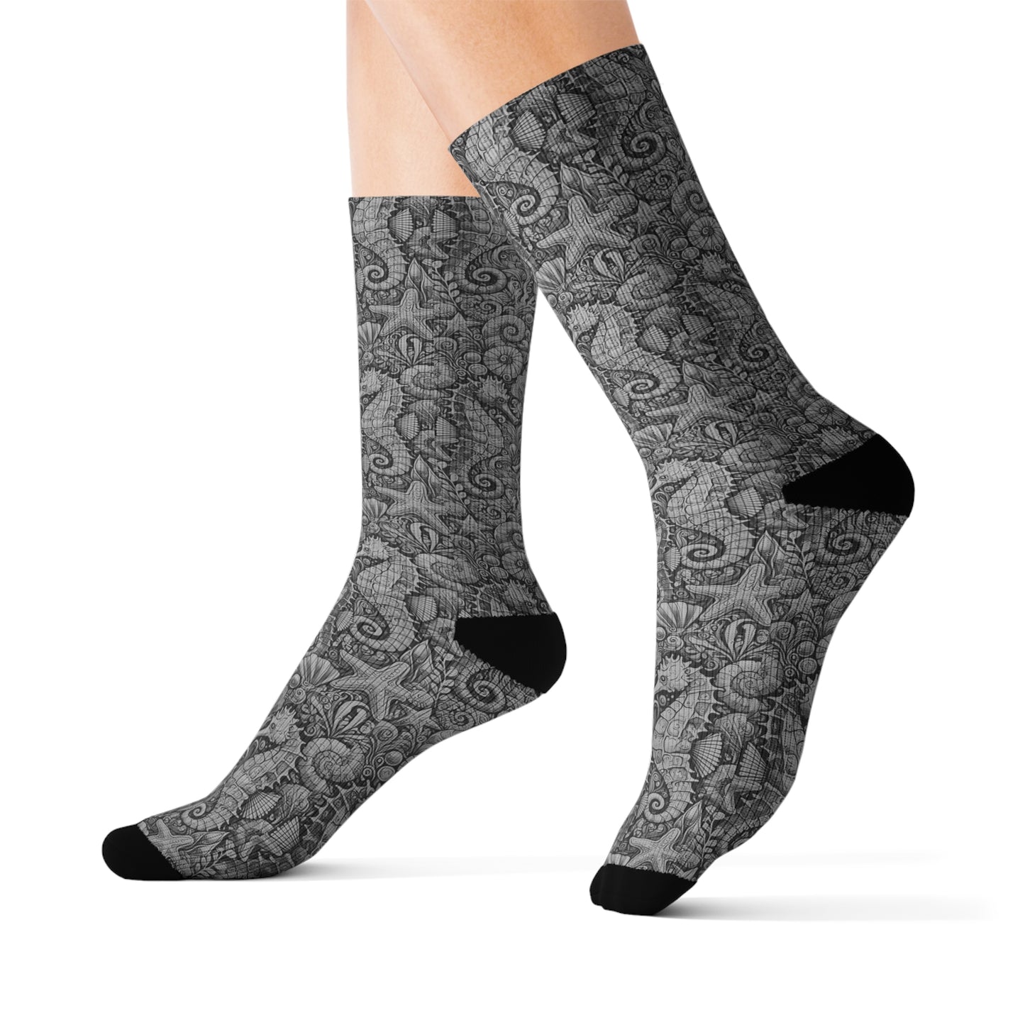 Seahorses/Noir Sublimation Fleece-Lined Socks - Colorful Tropical Design