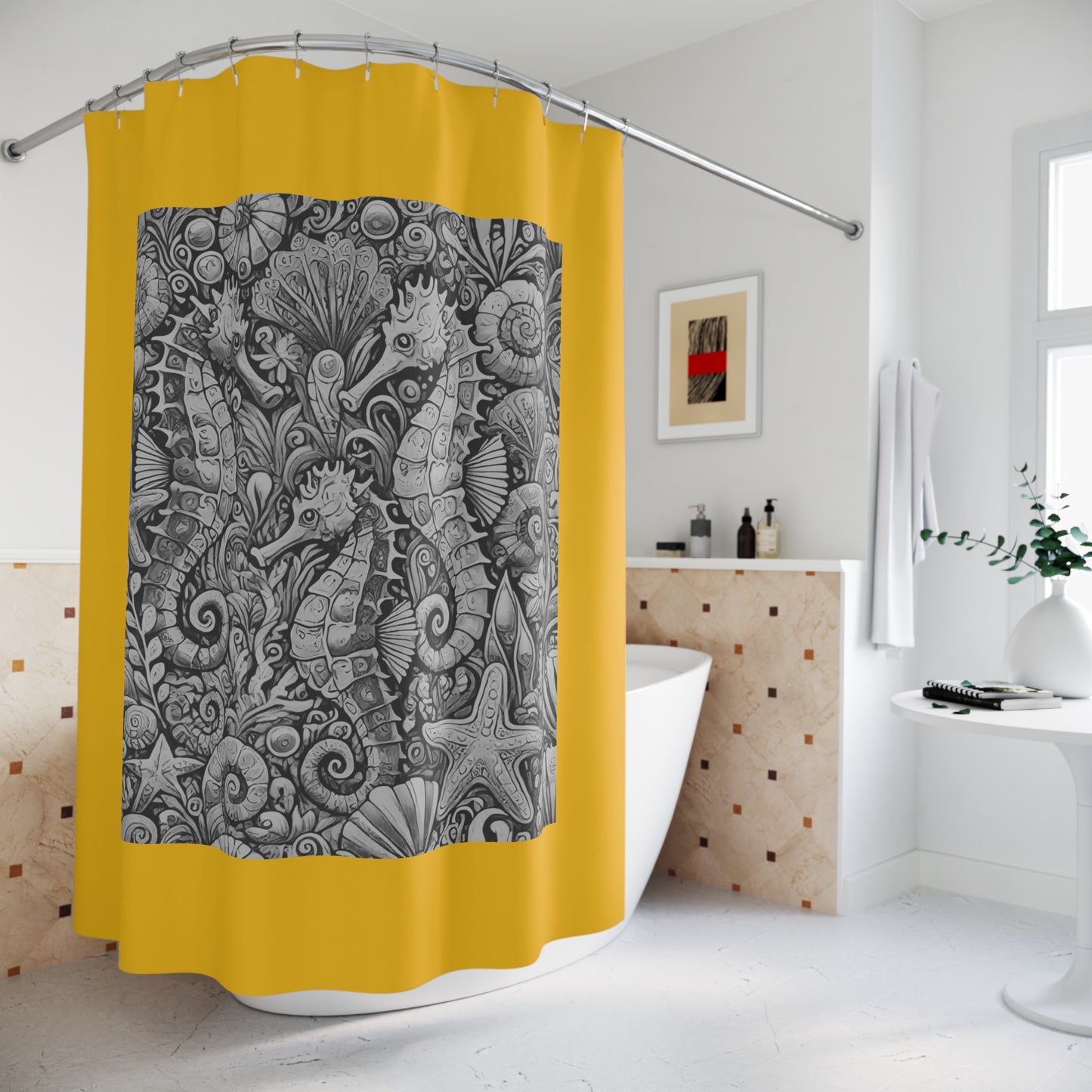 Tropical Shower Curtain - Ocean Bathroom Decor / Seahorse Trio Noir/Yellow