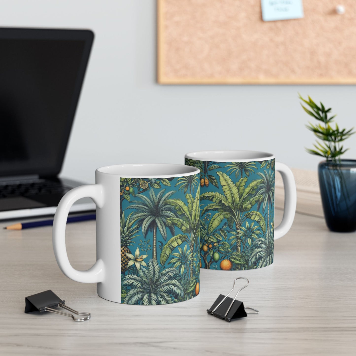 Ceramic White Mug - 11oz & 15oz, Tropical Fruit Blue
