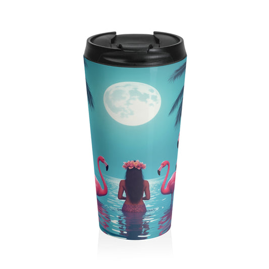 15 oz. Stainless Steel Travel Mug / Moonlit Mermaid & Flamingos