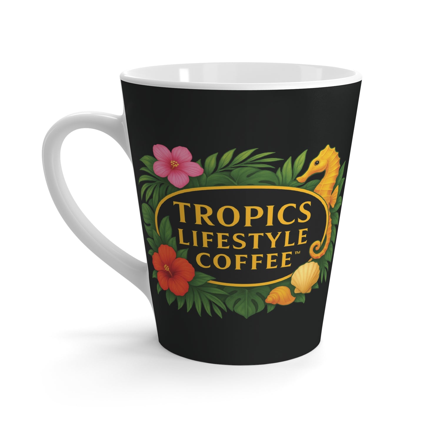 Latte White Mug - Seahorse Fantasy, Black / TLCoffee Logo