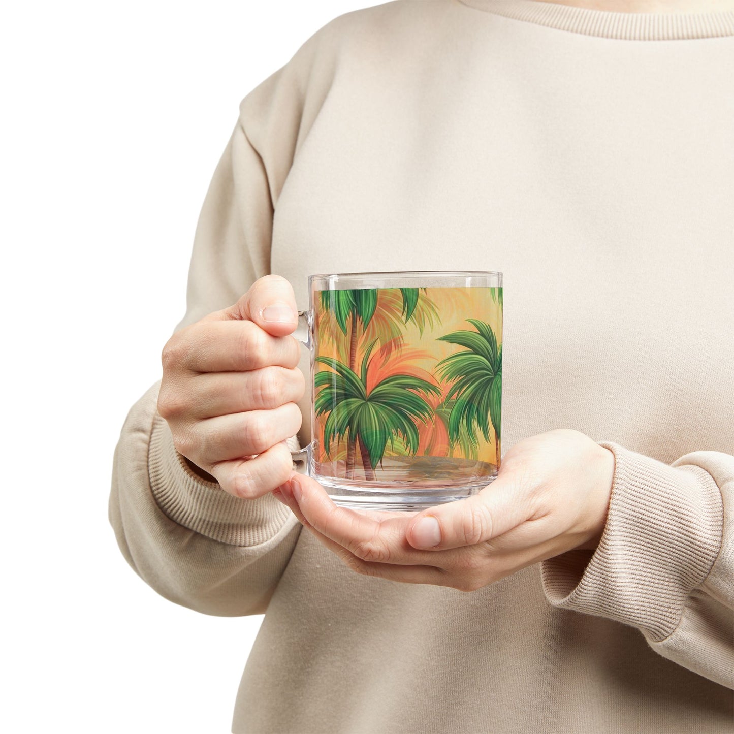 Tropical Glass Mug - 10oz Coffee Cup / Palms in Orange Mist