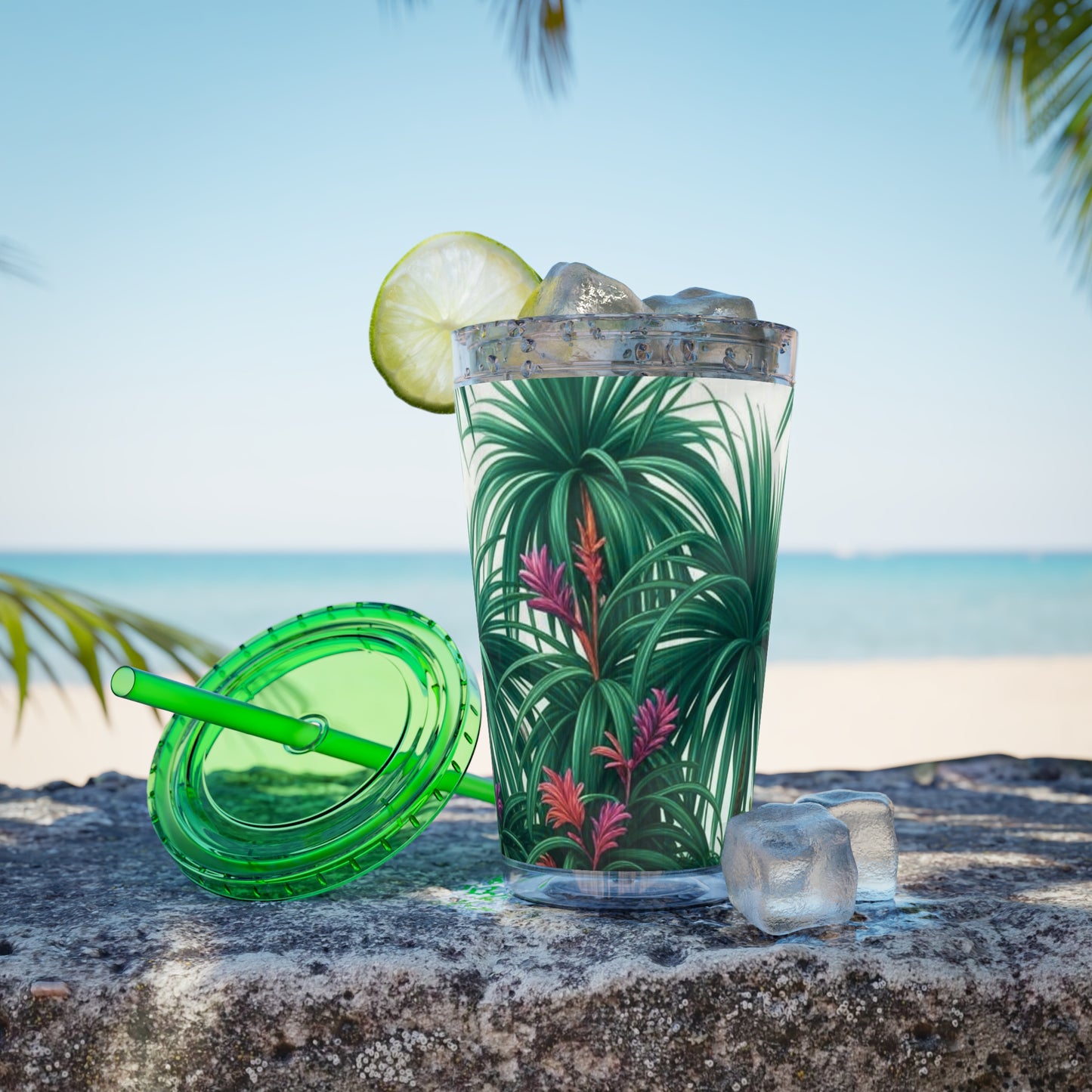 Tropical Tumbler with Straw | 16oz Colorful Travel Cup / Tiny Palm Island