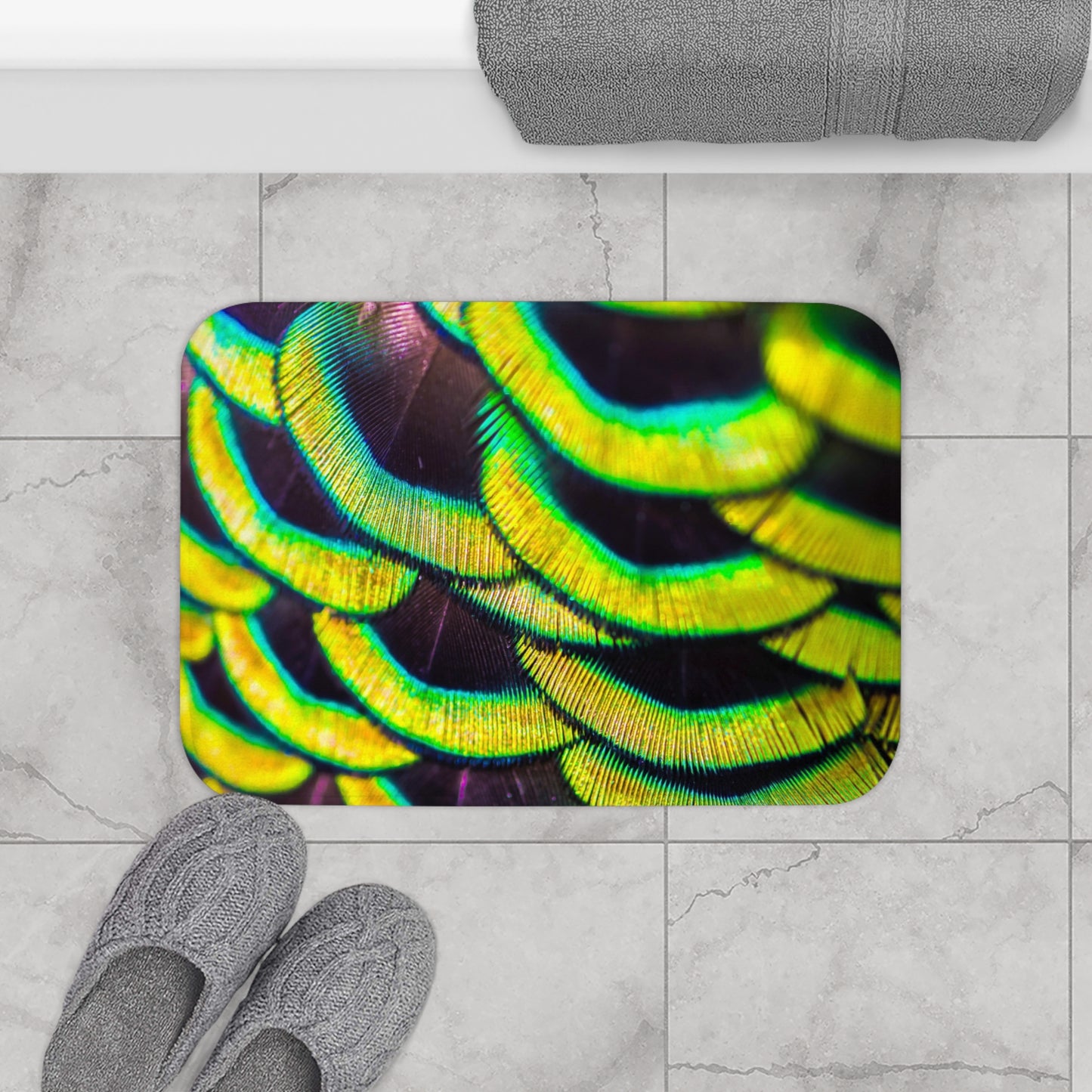 Tropical Bath Mat | Fun and Colorful Bathroom Decor / Yellow Peacock Feathers