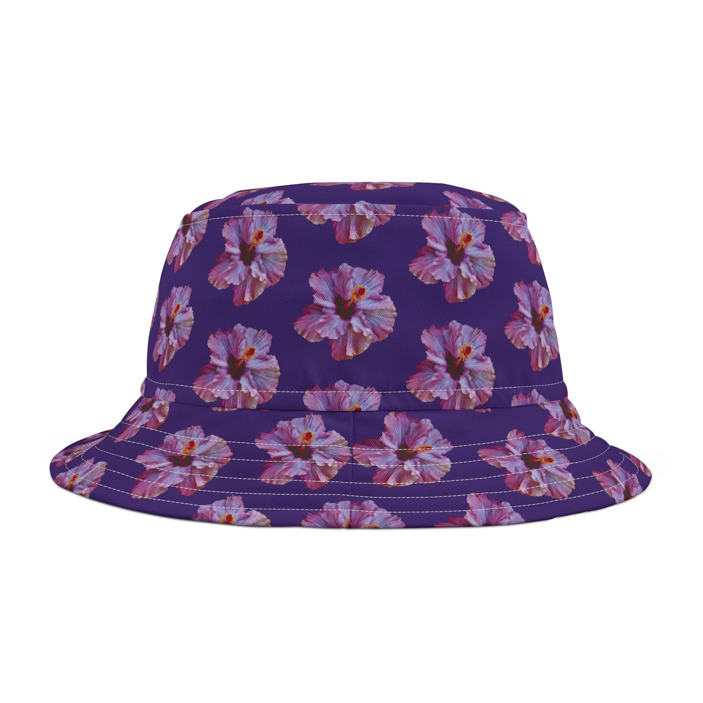 Tropical Polyester Bucket Hat, 2 Sizes - Purple Hibiscus/Purple