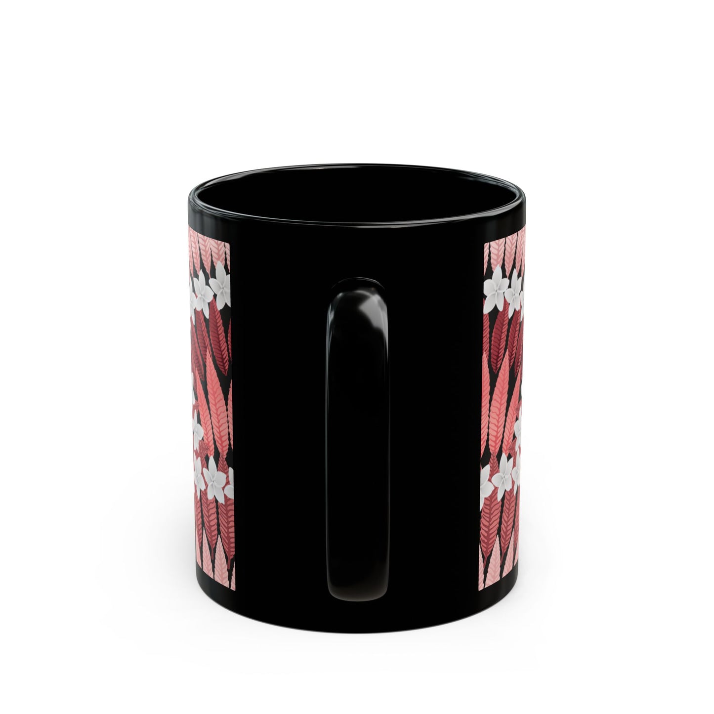 Black Mug (11oz, 15oz), Plumeria and Palms, Red