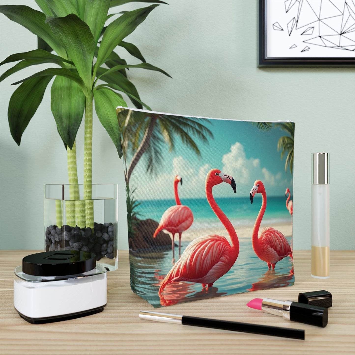 Tropical Cotton Cosmetic Bag, Makeup Pouch, 5 Sizes / Flamingo Morning Dip