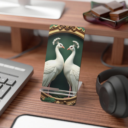 Mobile Display Stand for Smartphones, Framed White Peacocks