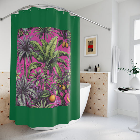 Palm Tree Shower Curtain - Ocean Bathroom Decor / Tropical Fruit/Hot Pink, Dark Green