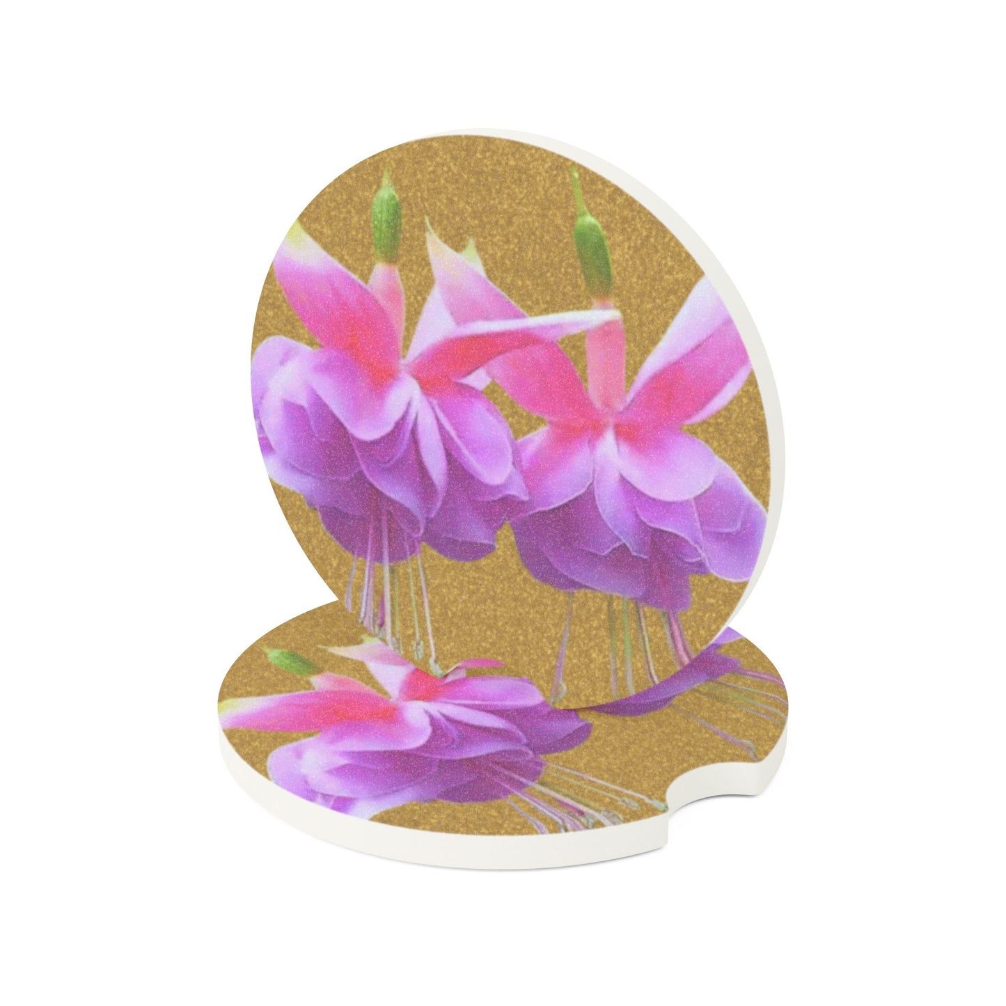 Soapstone Car Coaster - Two Fuchsias, Gold