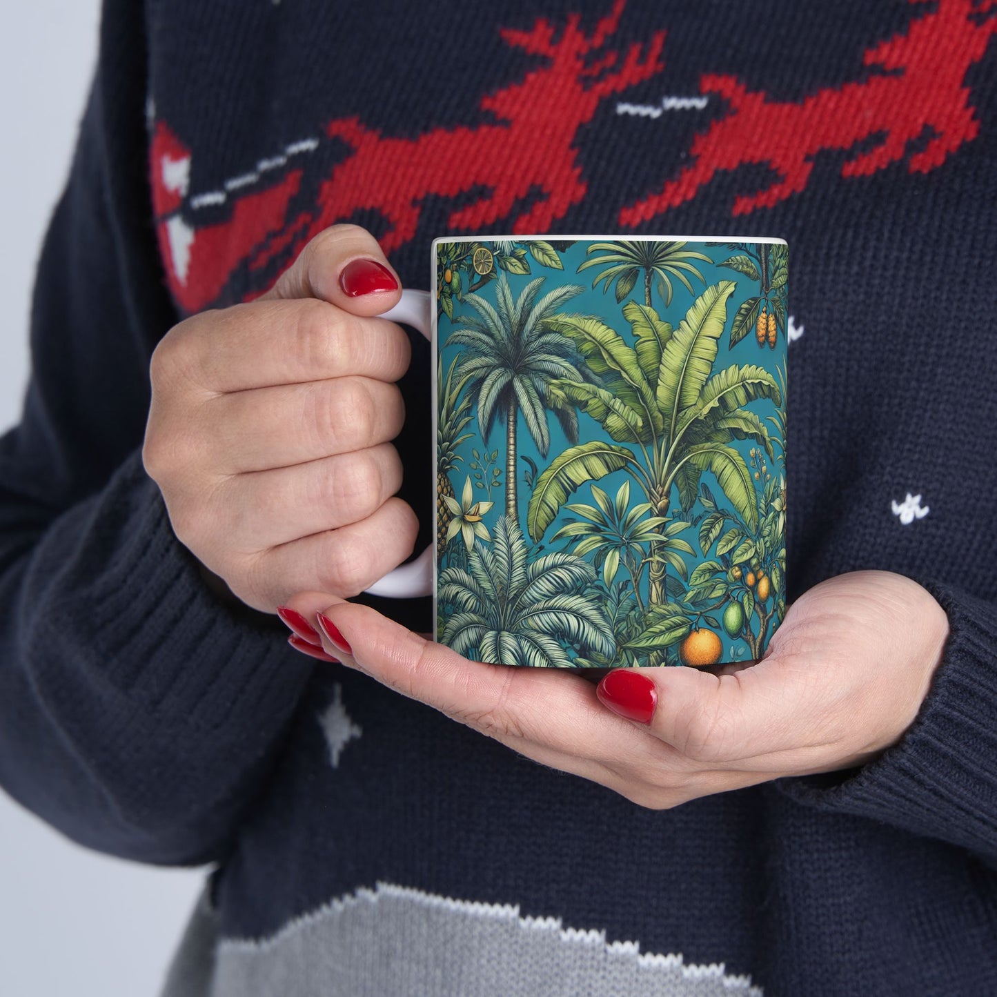 Ceramic White Mug - 11oz & 15oz, Tropical Fruit Blue