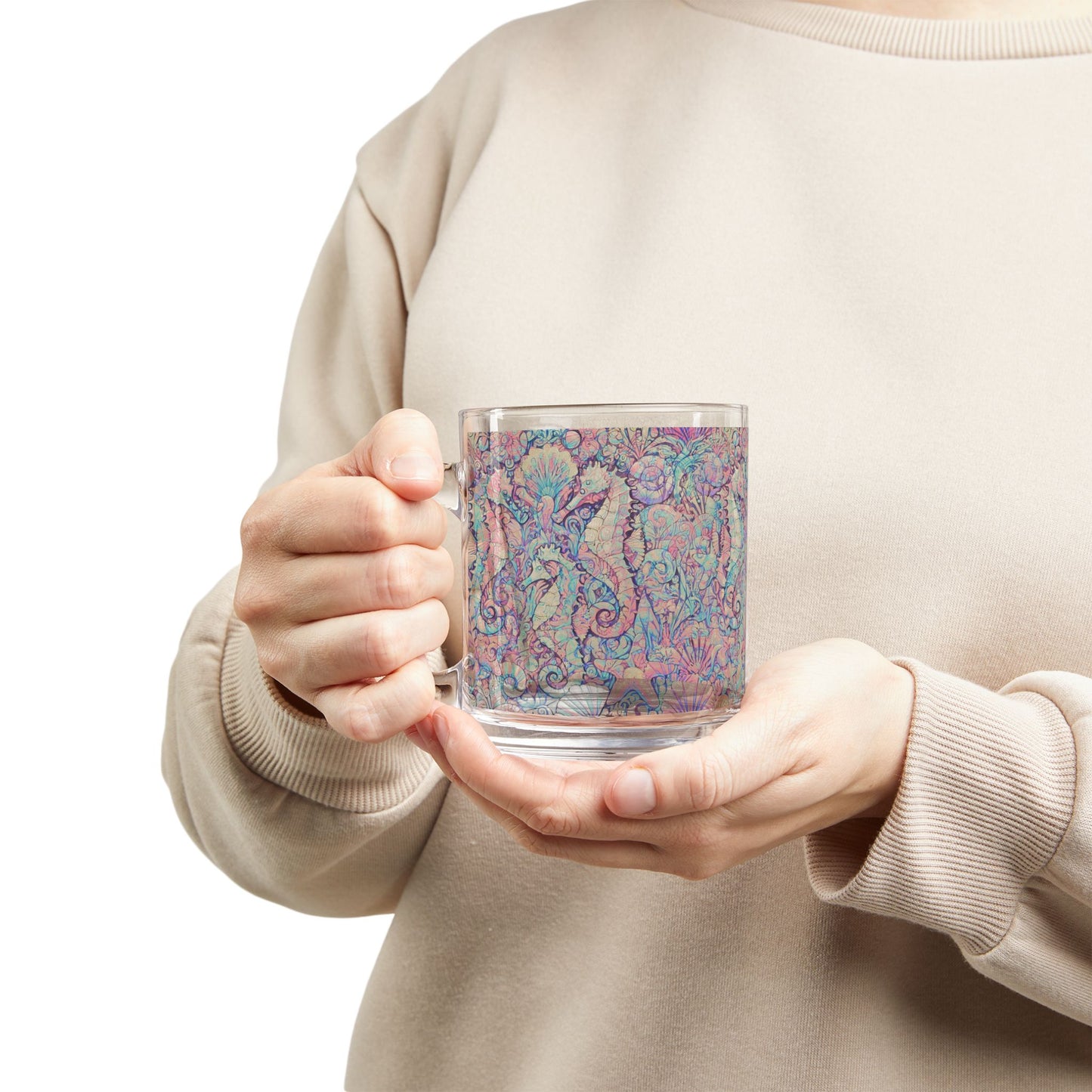 Tropical Glass Mug - 10oz Coffee Cup / Seahorses, Retro