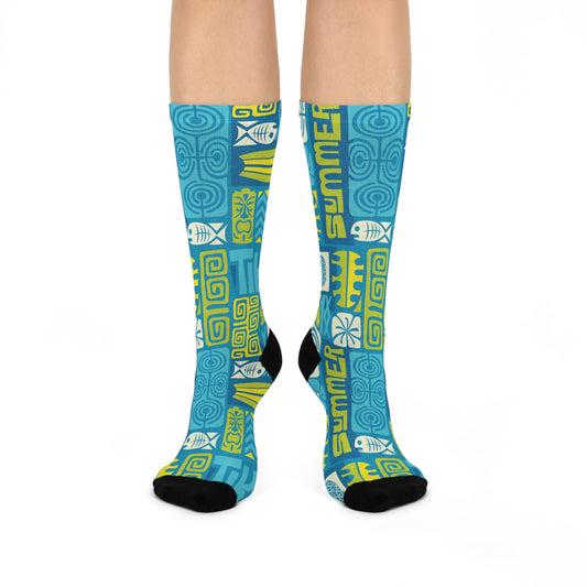 Cushioned Crew Socks - Tiki Poster Blue