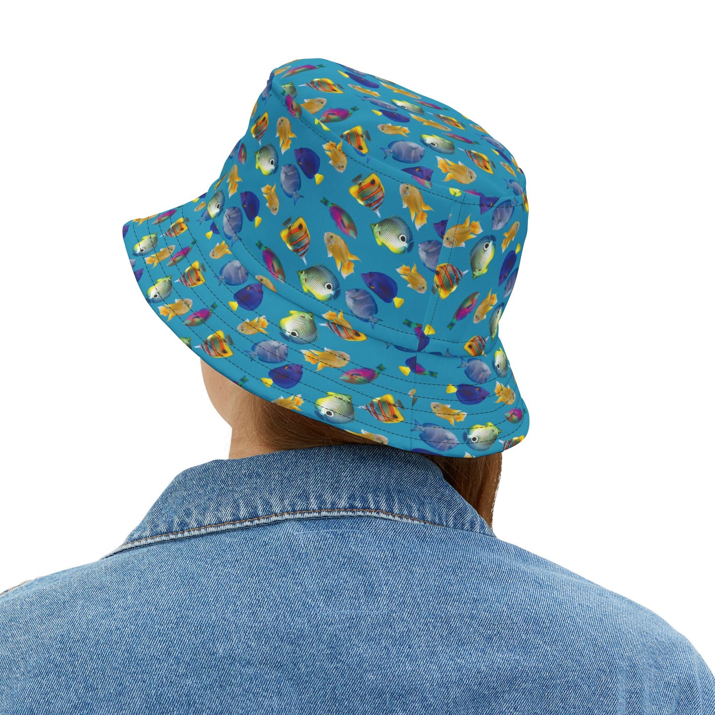 Tropical Polyester Bucket Hat, 2 Sizes - School of Fish / Turquoise