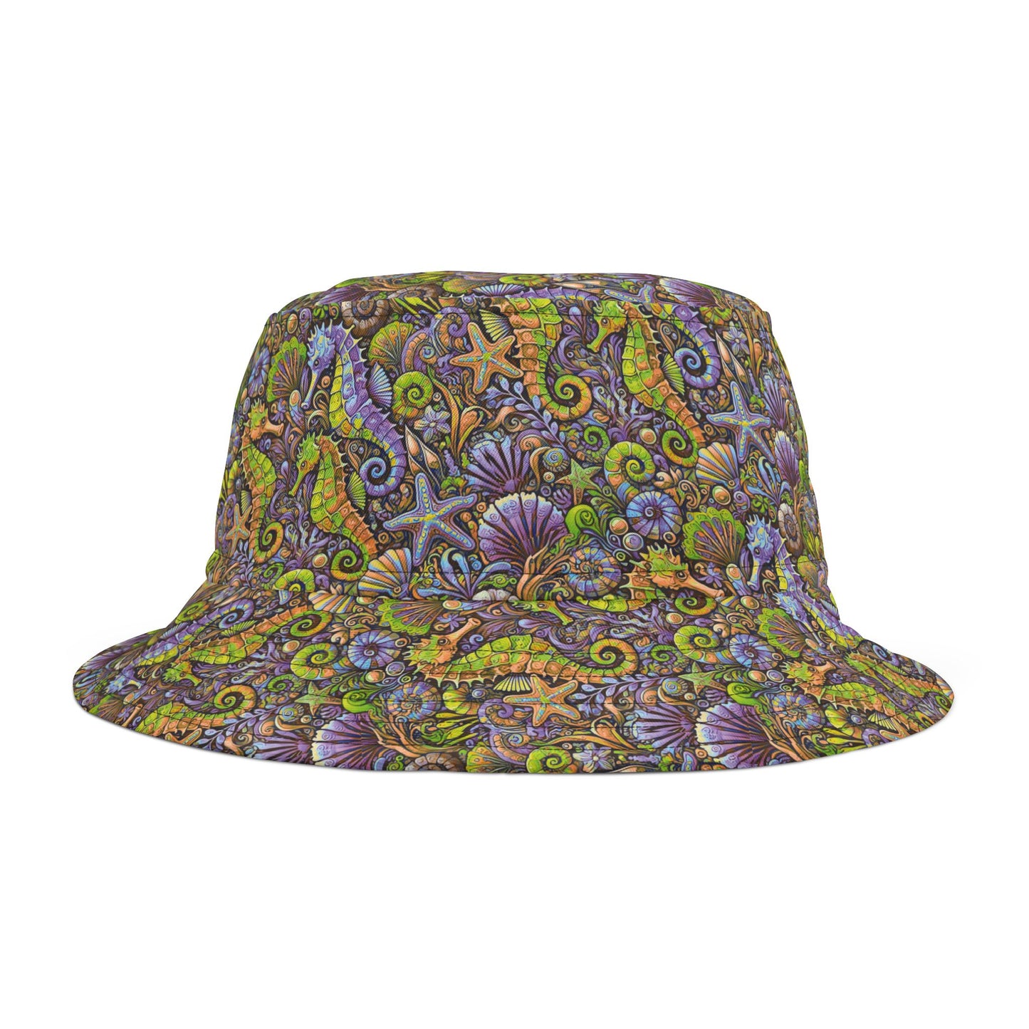 Tropical Polyester Bucket Hat, 2 Sizes - Seahorses Purple