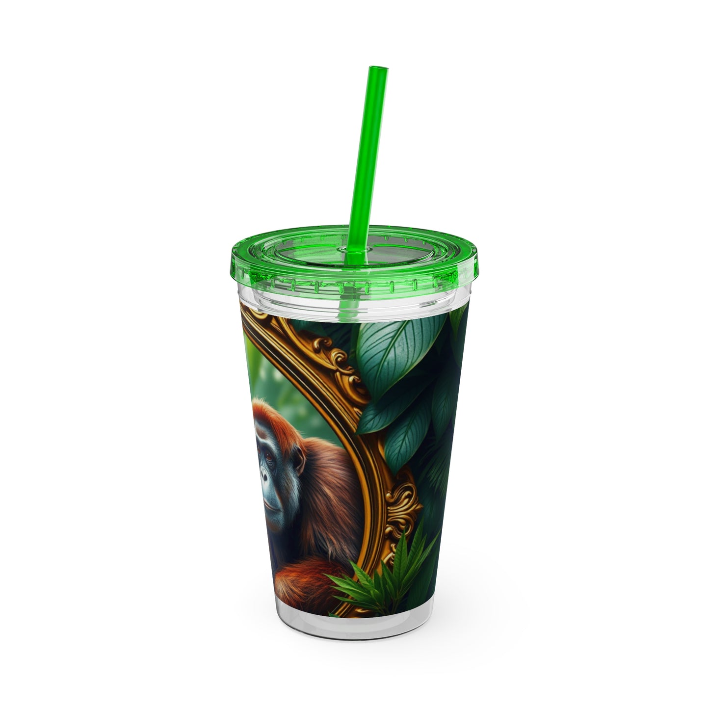 Tropical Tumbler with Straw | 16oz Colorful Travel Cup / Framed Orangutan Apes