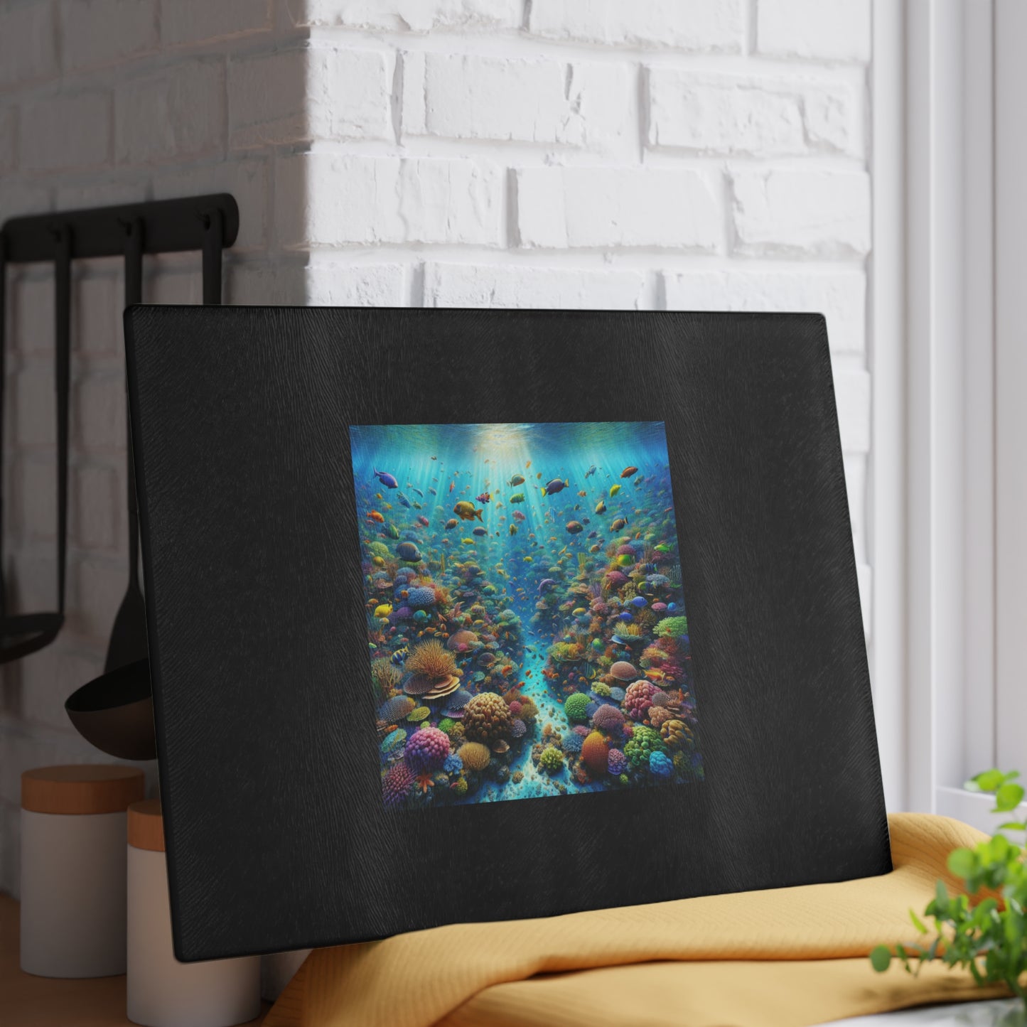 Glass Cutting Board, 2 sizes - Busy Coral Reef/Black