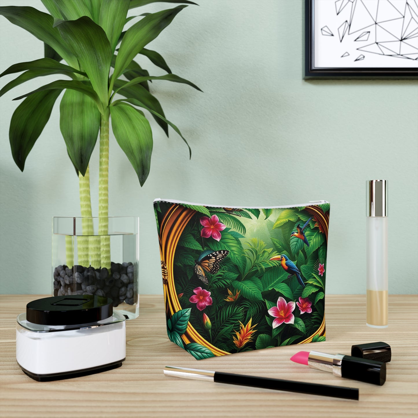 Tropical Cotton Cosmetic Bag - Makeup Pouch, 5 Sizes / Framed Rainforest