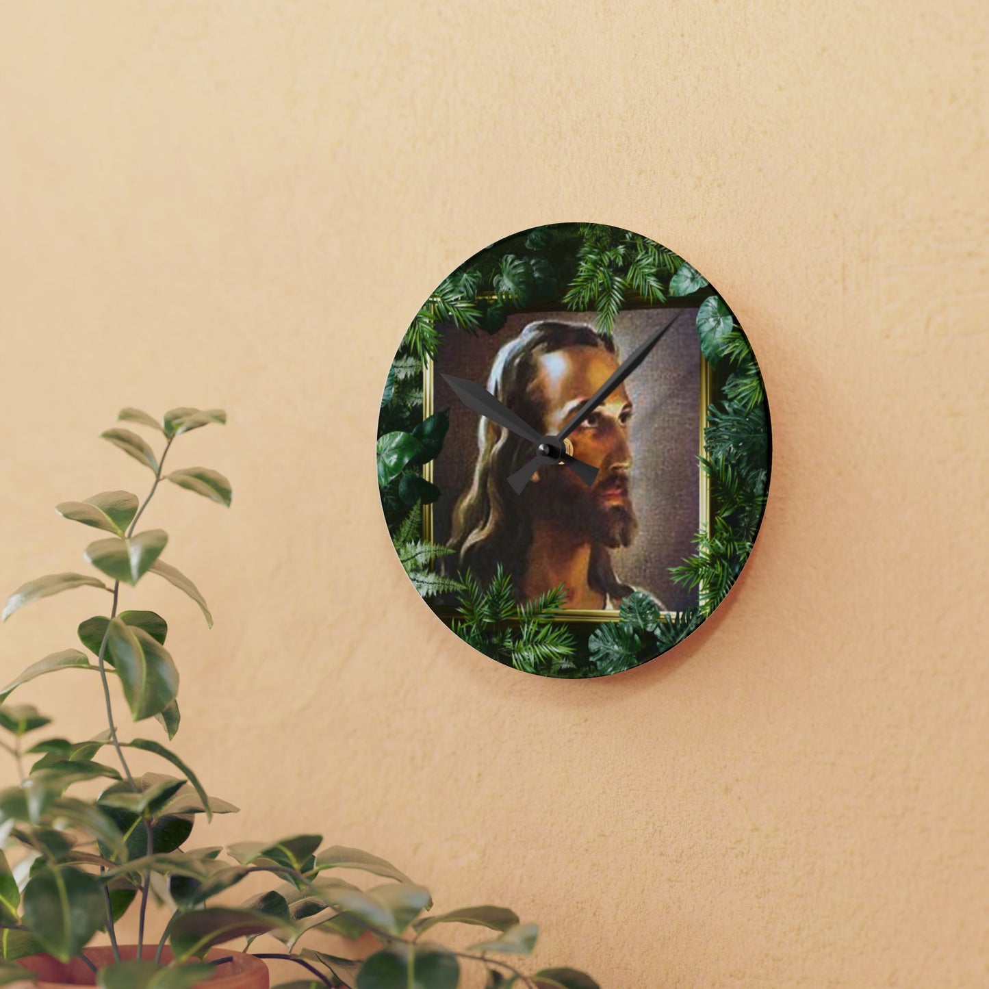 "Tropical Head of Christ" Acrylic Wall Clock - Elegant Religious Decor for Home and Office