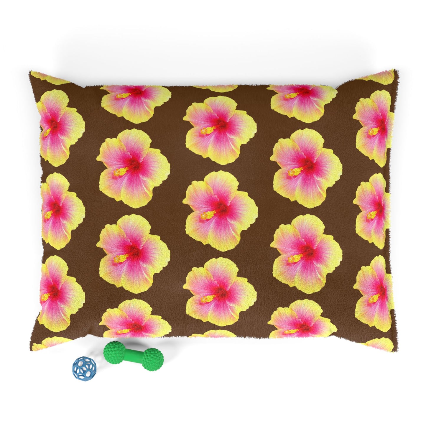 Pet Bed - Cozy and Fun Dog or Cat Bed for Beach Lovers / Real Yellow & Pink Hibiscus/Brown