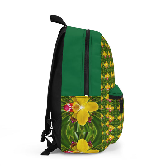 Tropical Floral Backpack - Vibrant Green Design for Nature Lovers / Yellow Orchid Kaleidoscope