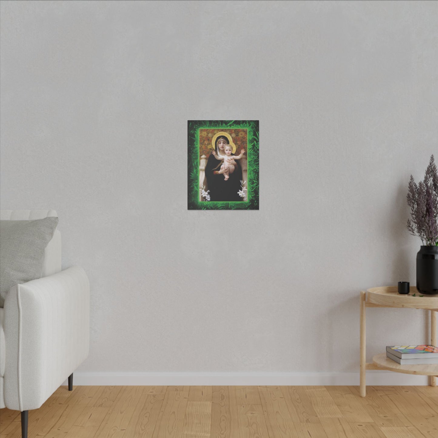 "Tropical Rainforest Madonna of Lilies" Religious Canvas Artwork - Stretched Canvas Print / Virgin Mary & Jesus